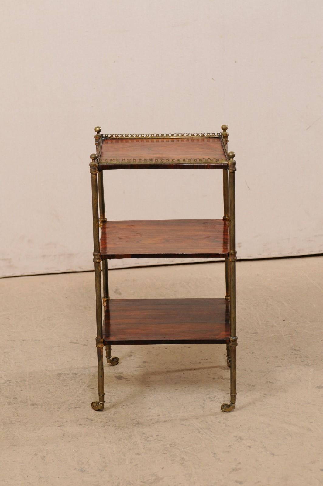 19th Century English Three-Tired Rosewood and Brass Table on Petite Caster Feet For Sale 6
