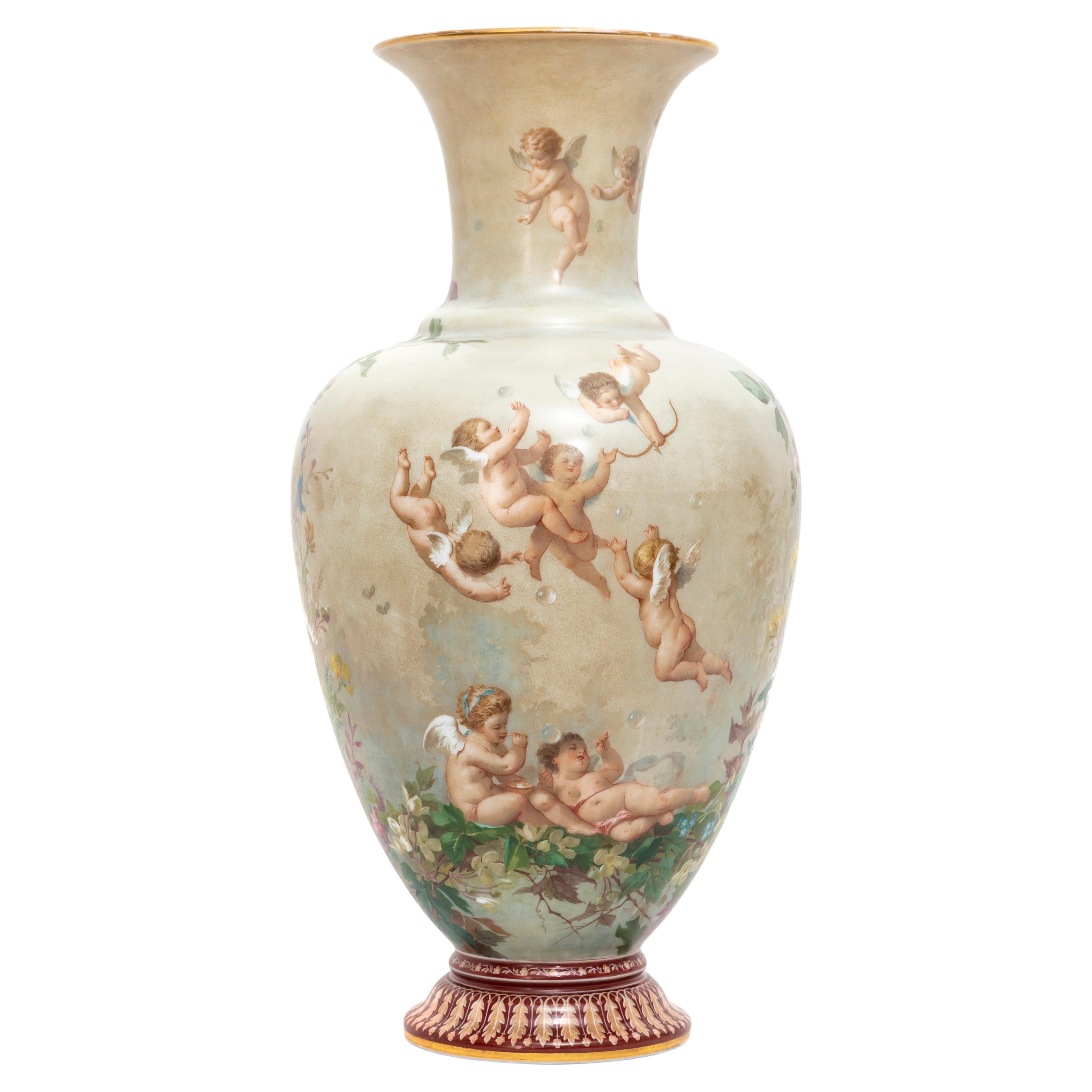 A 19th C. French Baccarat Opaline Crystal  Vase w/ Enameled Putti Decoration