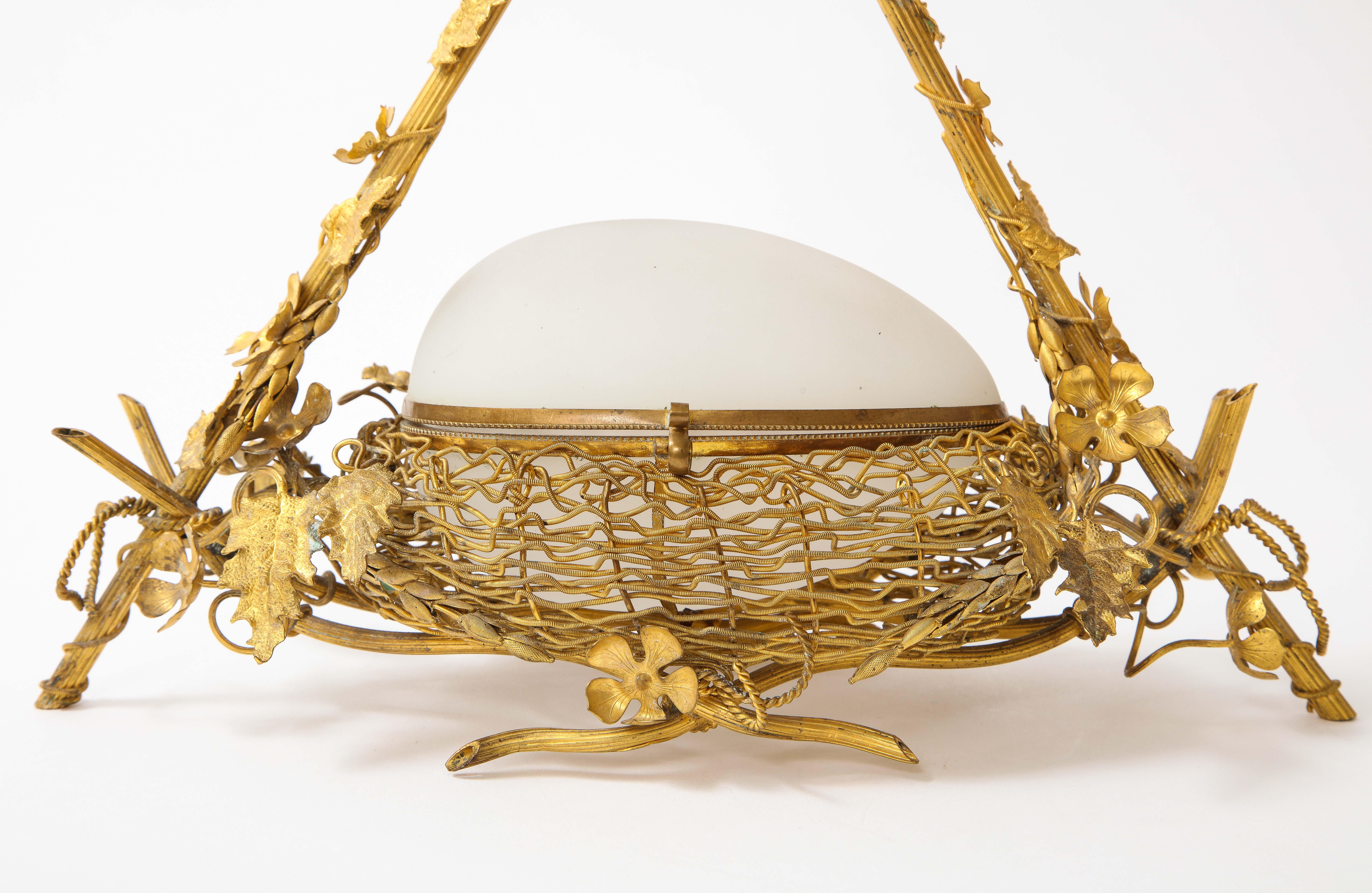 A 19th C. French Dore Bronze Mounted White Opaline Egg Form Covered Nesting Box For Sale 5