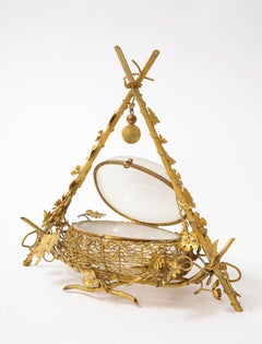 A 19th C. French Dore Bronze Mounted White Opaline Egg Form Covered Nesting Box