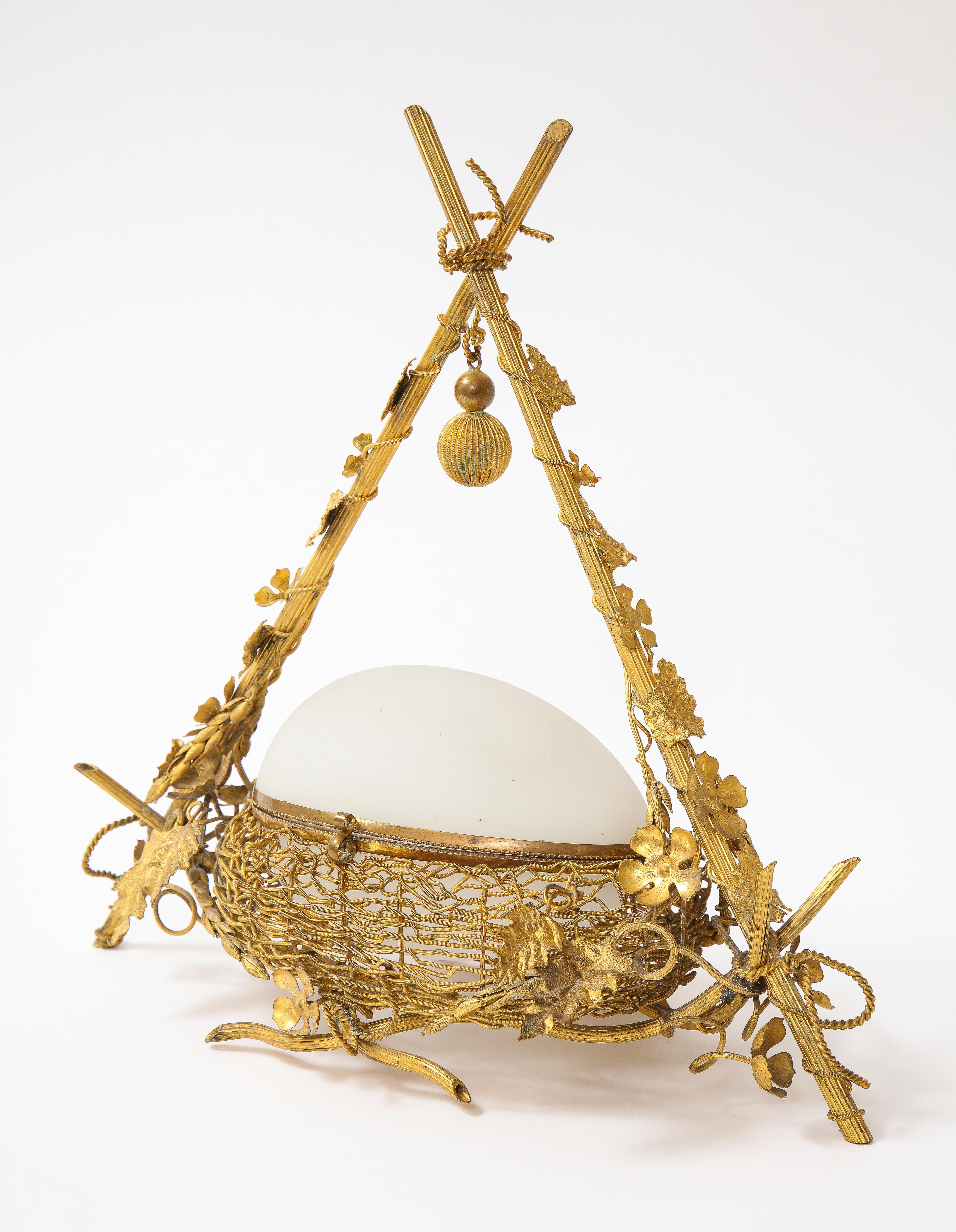 Louis XVI A 19th C. French Dore Bronze Mounted White Opaline Egg Form Covered Nesting Box For Sale