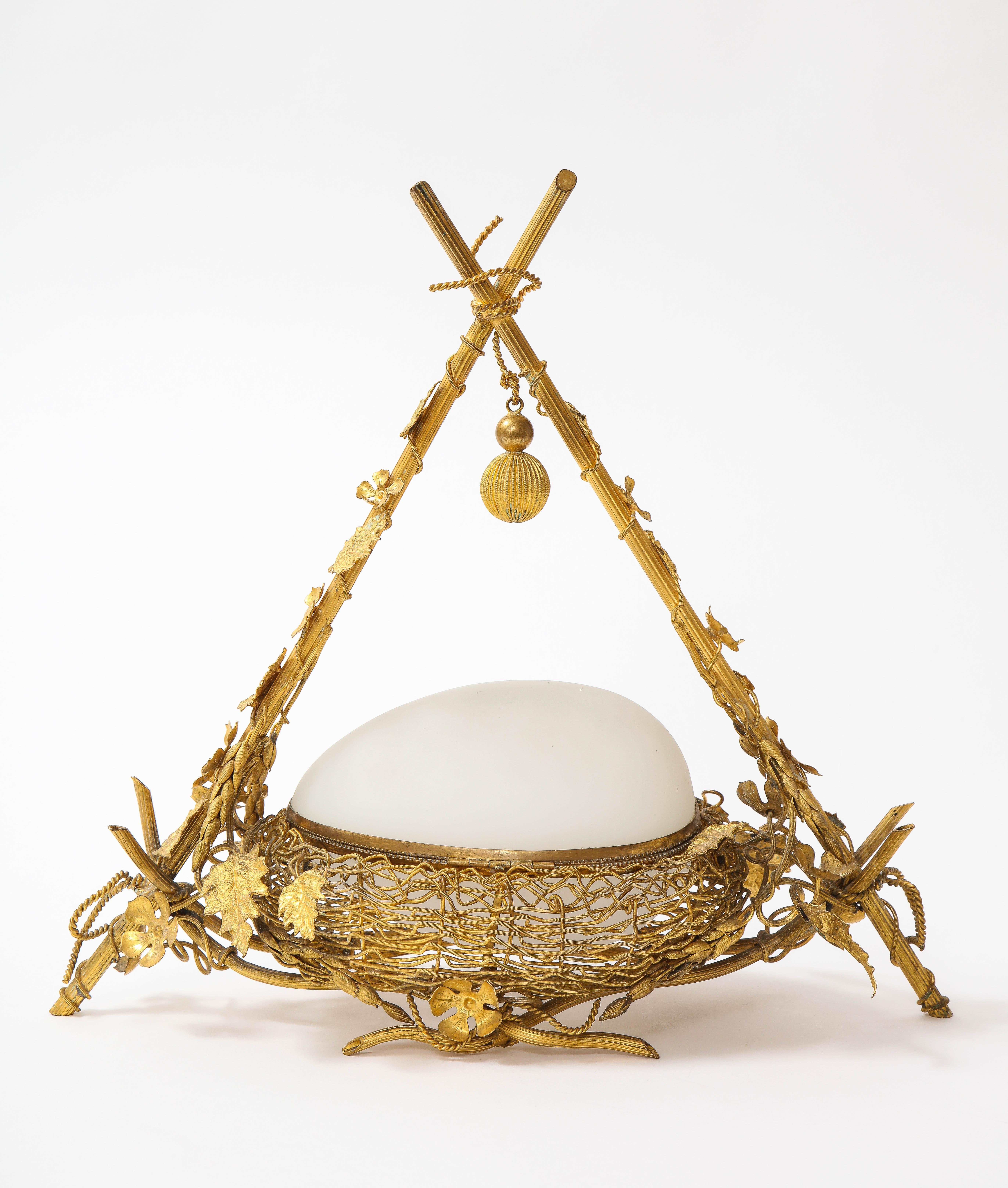 A 19th C. French Dore Bronze Mounted White Opaline Egg Form Covered Nesting Box In Good Condition For Sale In New York, NY