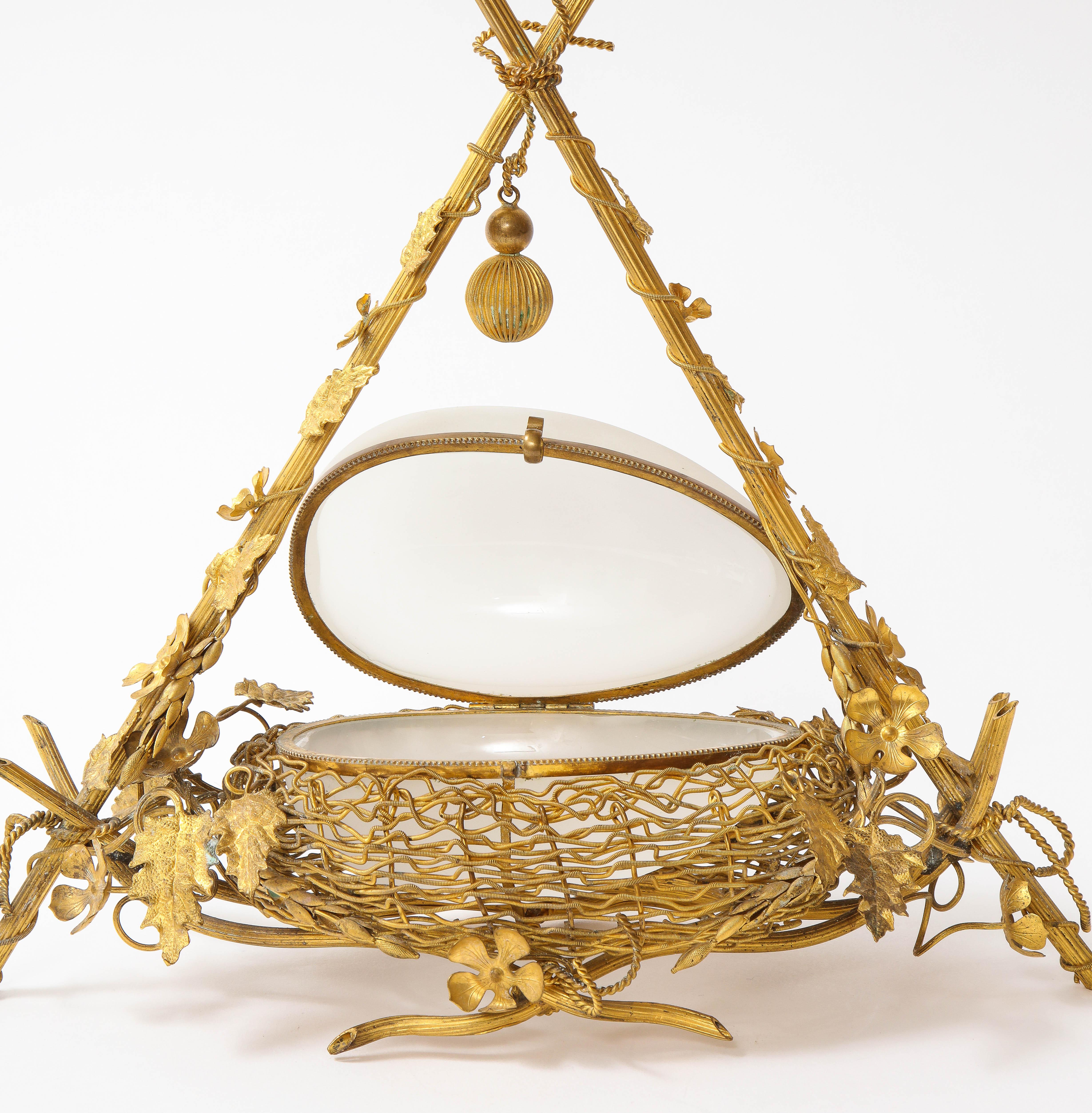 19th Century A 19th C. French Dore Bronze Mounted White Opaline Egg Form Covered Nesting Box For Sale