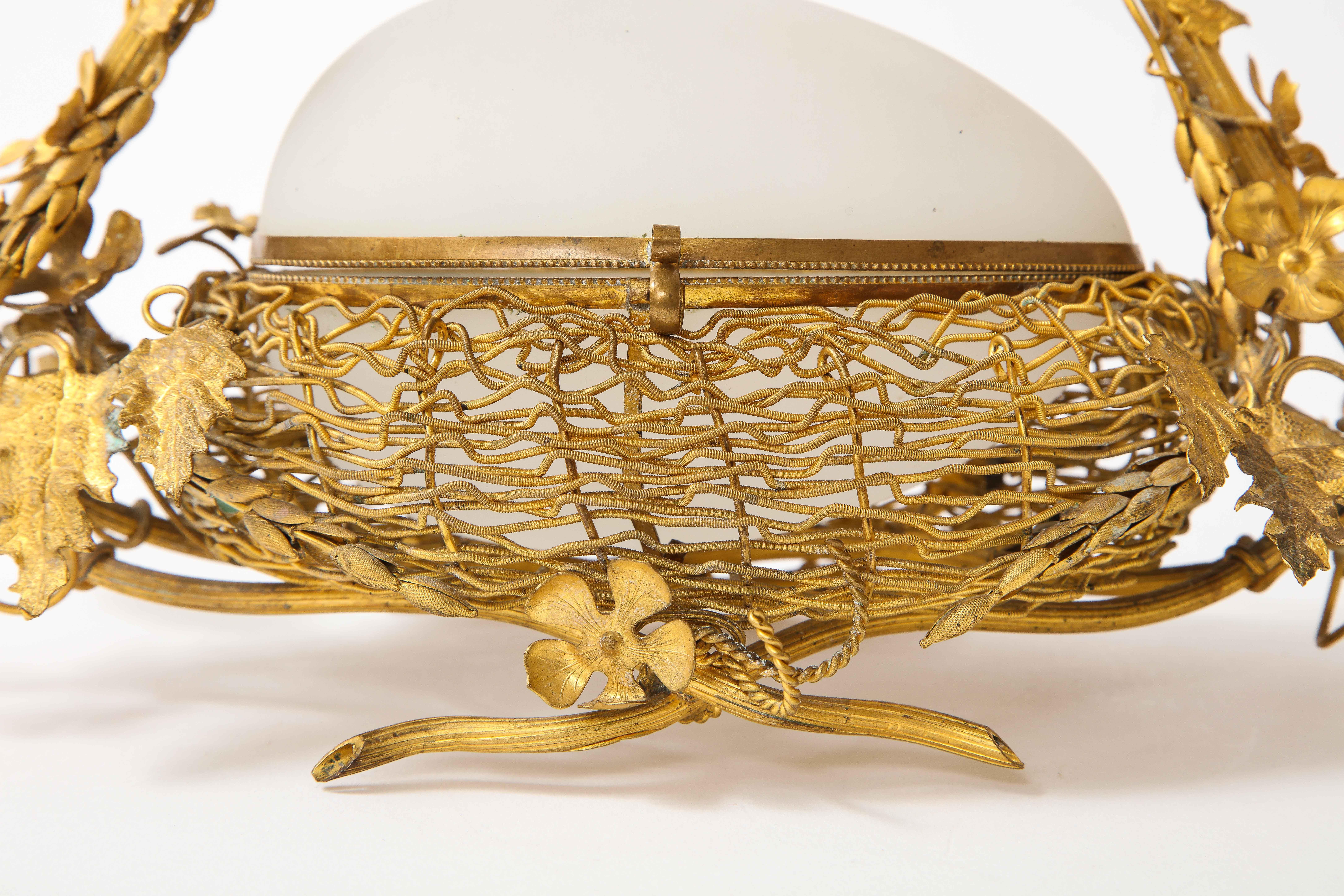 A 19th C. French Dore Bronze Mounted White Opaline Egg Form Covered Nesting Box For Sale 1