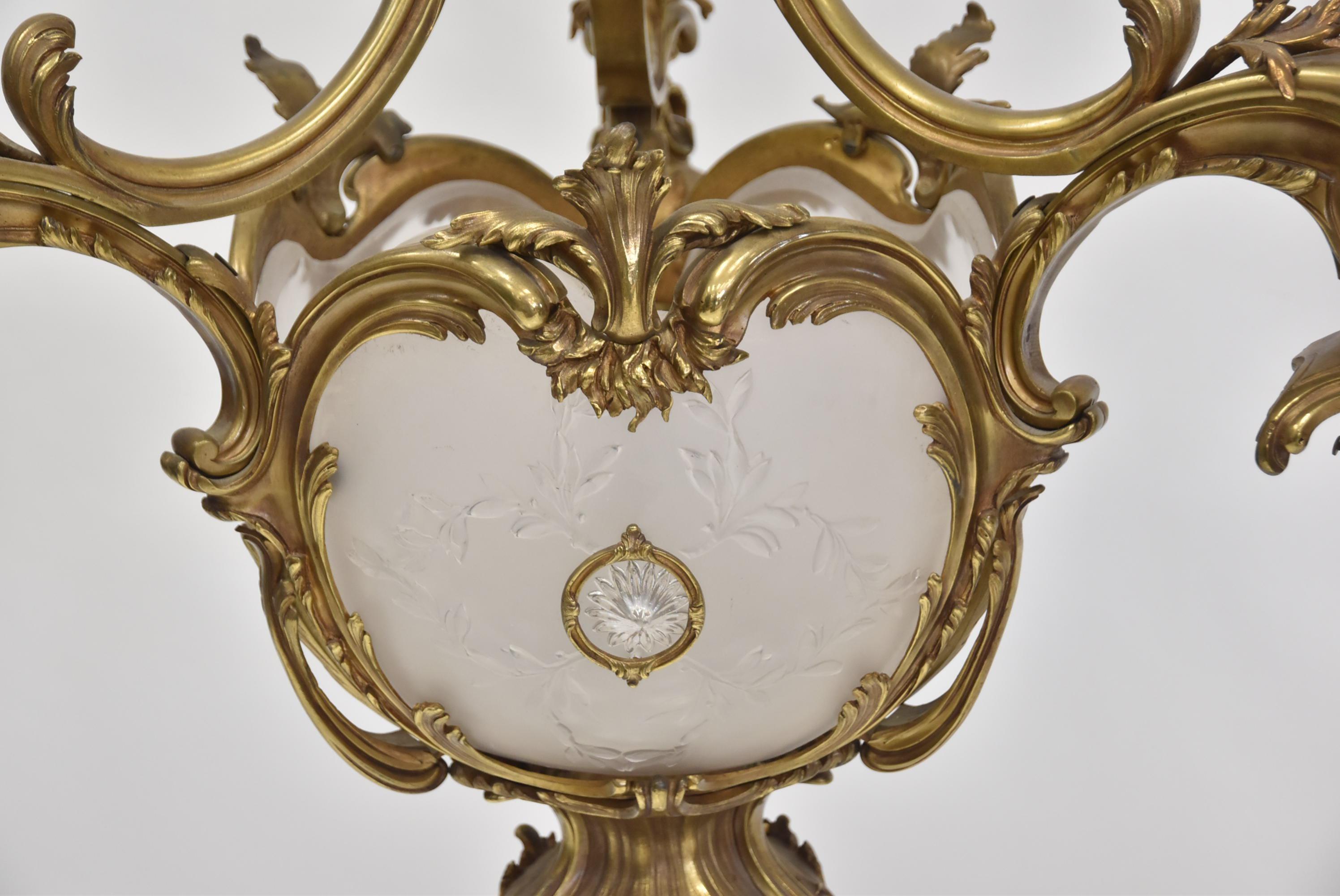 Louis XV 19th C French Gilt Bronze Chandelier with Frosted Lalique Style Glass Inserts For Sale