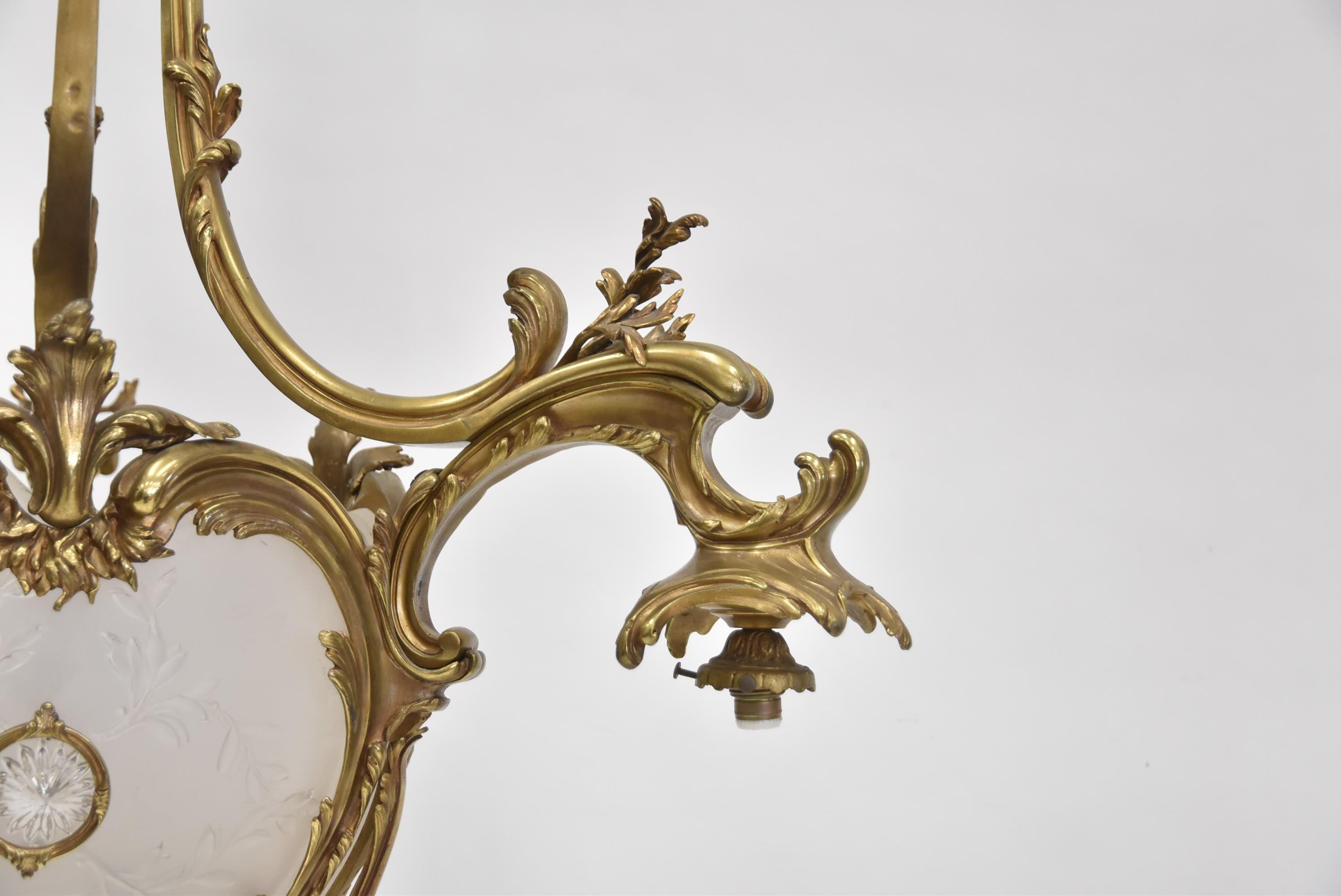 19th Century 19th C French Gilt Bronze Chandelier with Frosted Lalique Style Glass Inserts For Sale