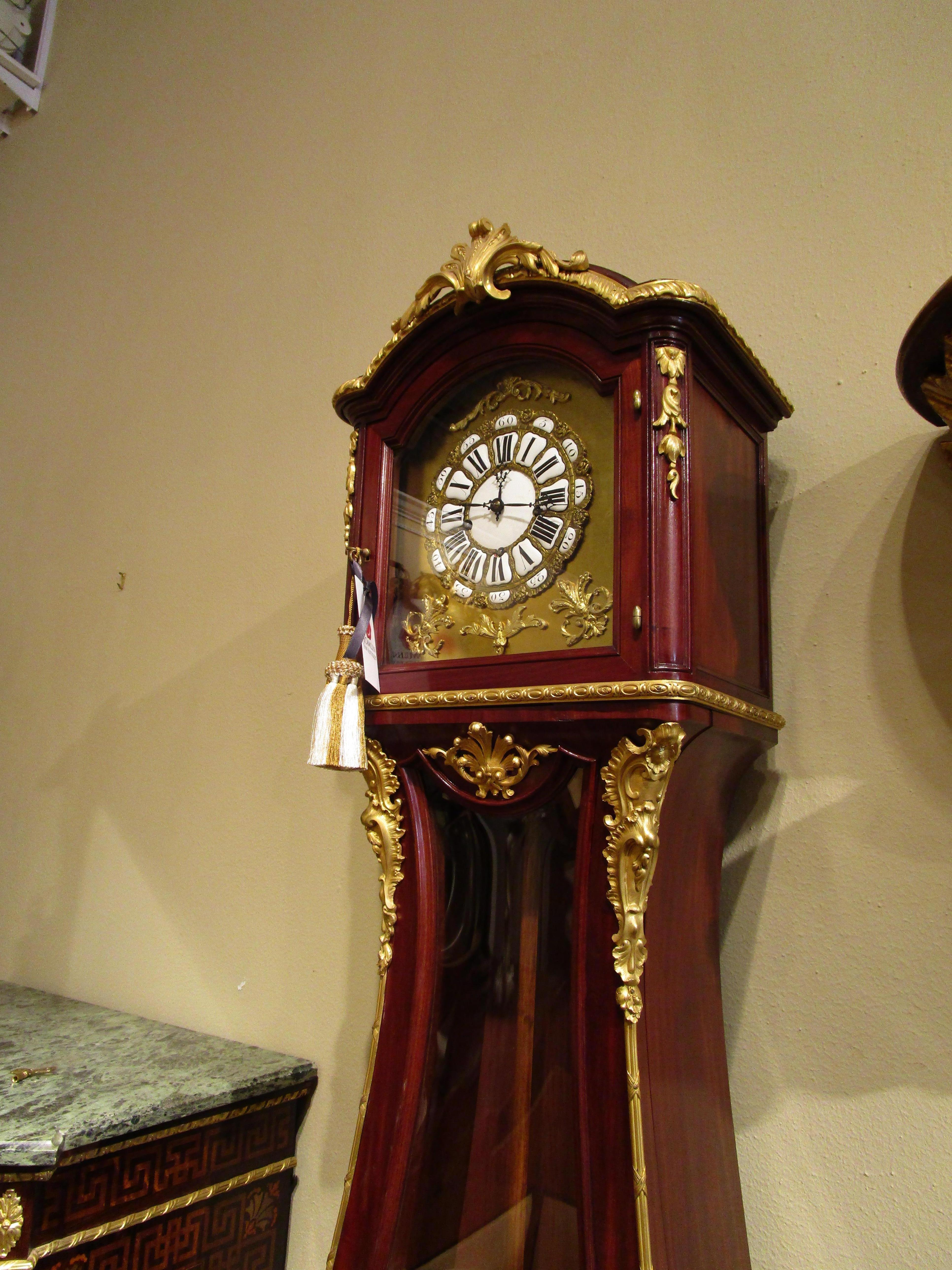 Louis XV A  19th c French mahogany  and parquetry inlaid Grandfather clock. Gilt bronze For Sale