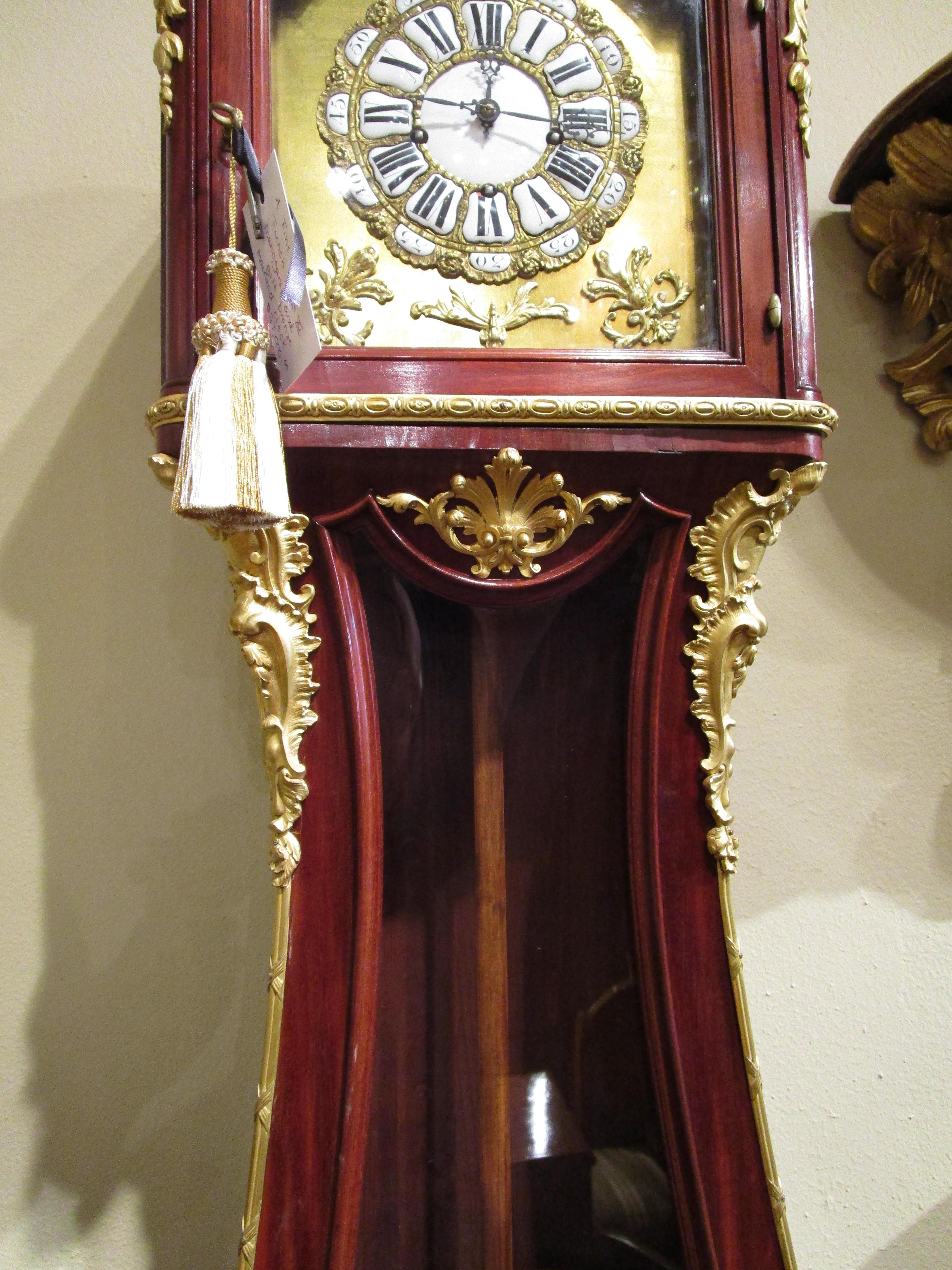 A  19th c French mahogany  and parquetry inlaid Grandfather clock. Gilt bronze In Good Condition For Sale In Dallas, TX