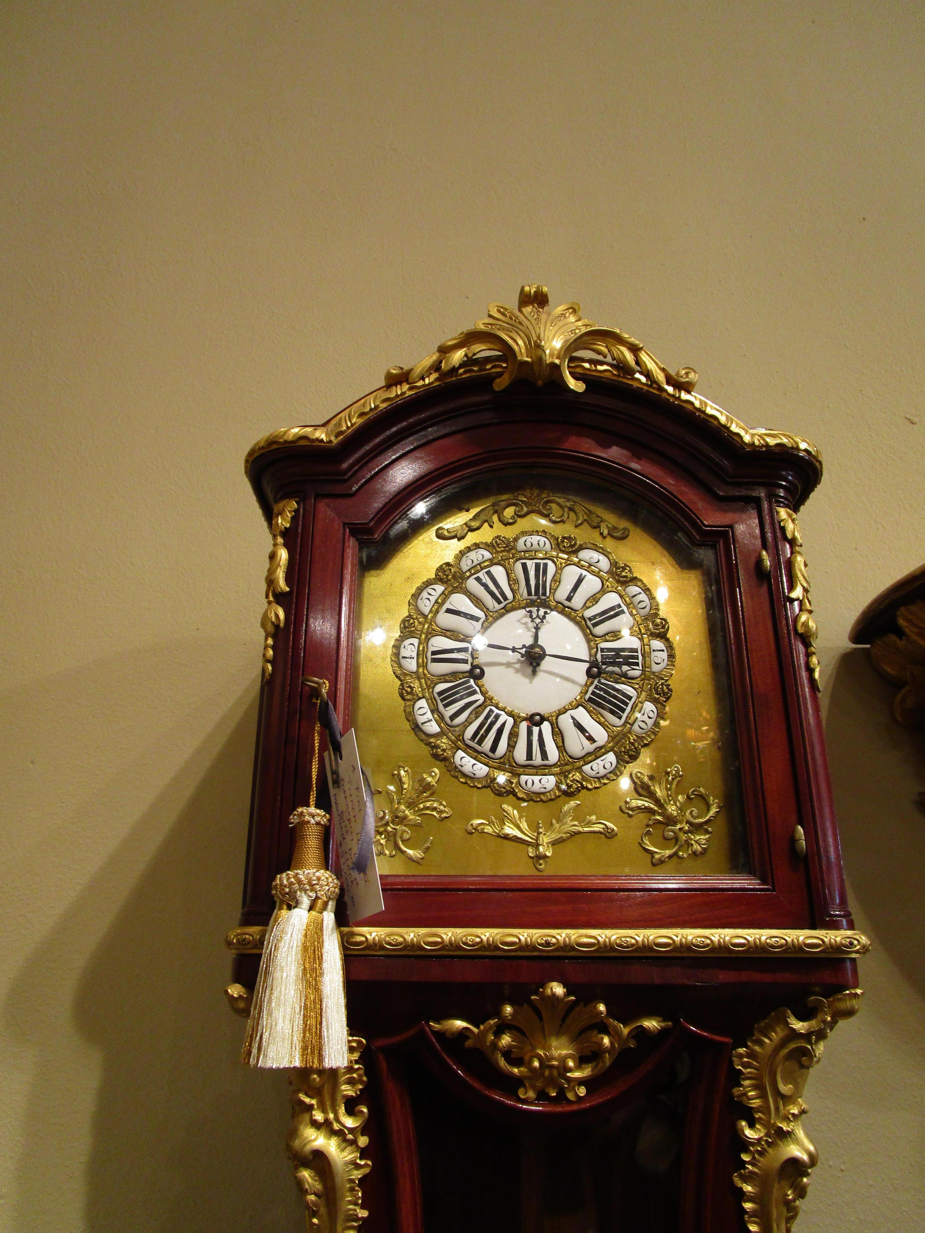 19th Century A  19th c French mahogany  and parquetry inlaid Grandfather clock. Gilt bronze For Sale