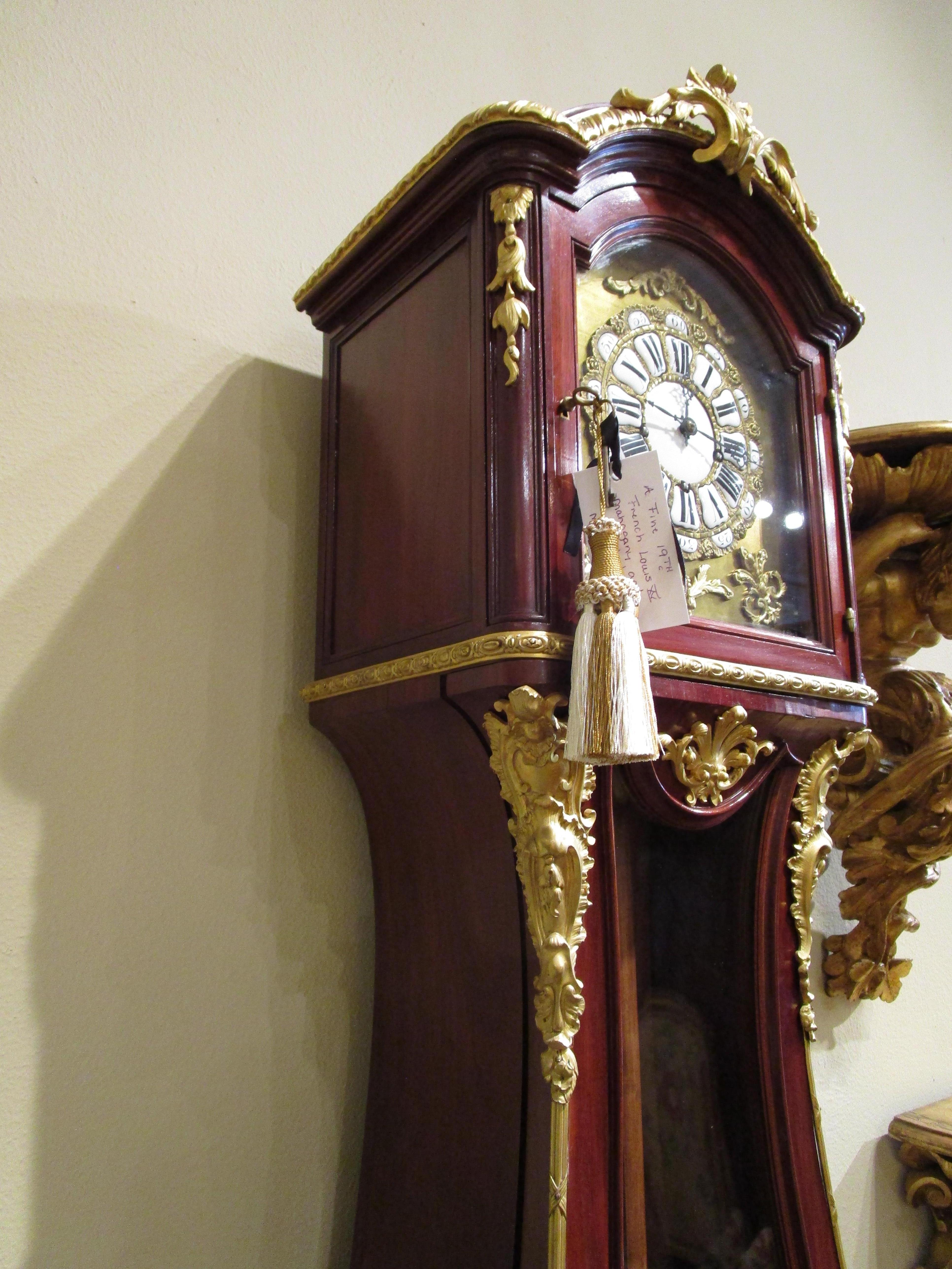 A  19th c French mahogany  and parquetry inlaid Grandfather clock. Gilt bronze For Sale 1