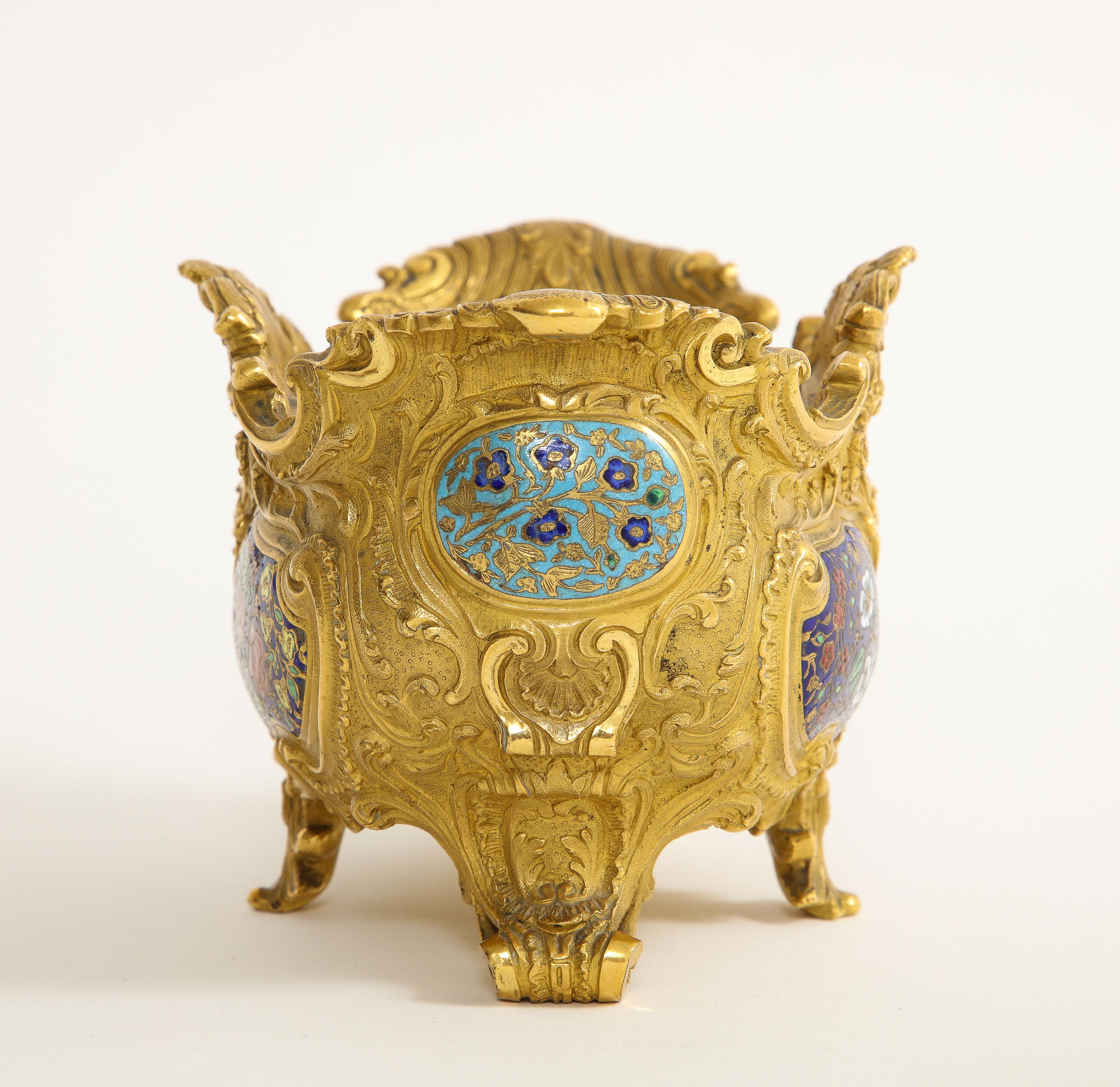 Hand-Crafted A 19th C. French Ormolu Champlevé Enamel Footed Centerpiece, Att. Barbedienne For Sale