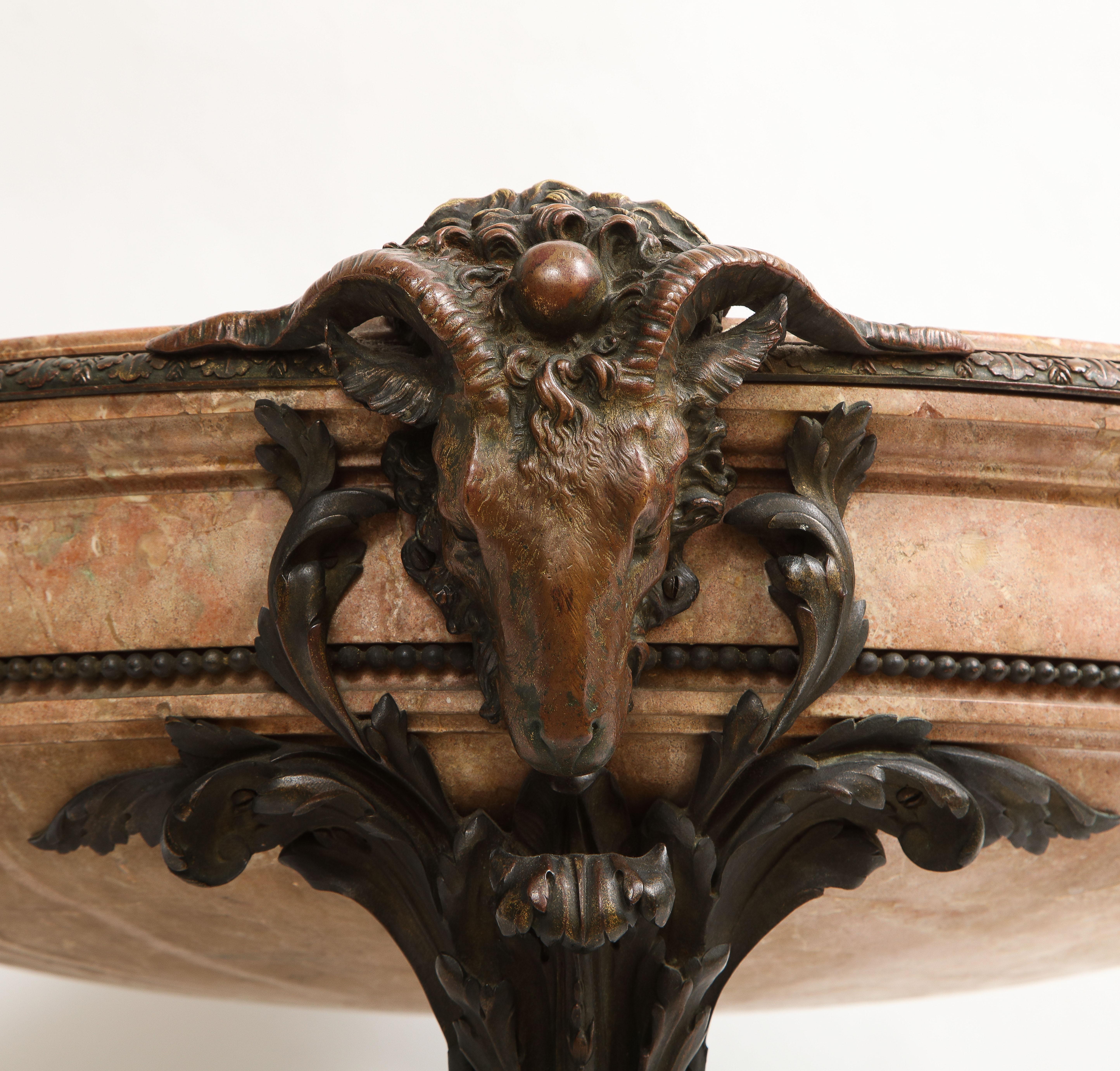 19th C. French Patinated Bronze Mounted Pink Marble Centerpiece w/ Rams Heads 6