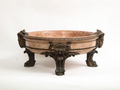 19th C. French Patinated Bronze Mounted Pink Marble Centerpiece w/ Rams Heads