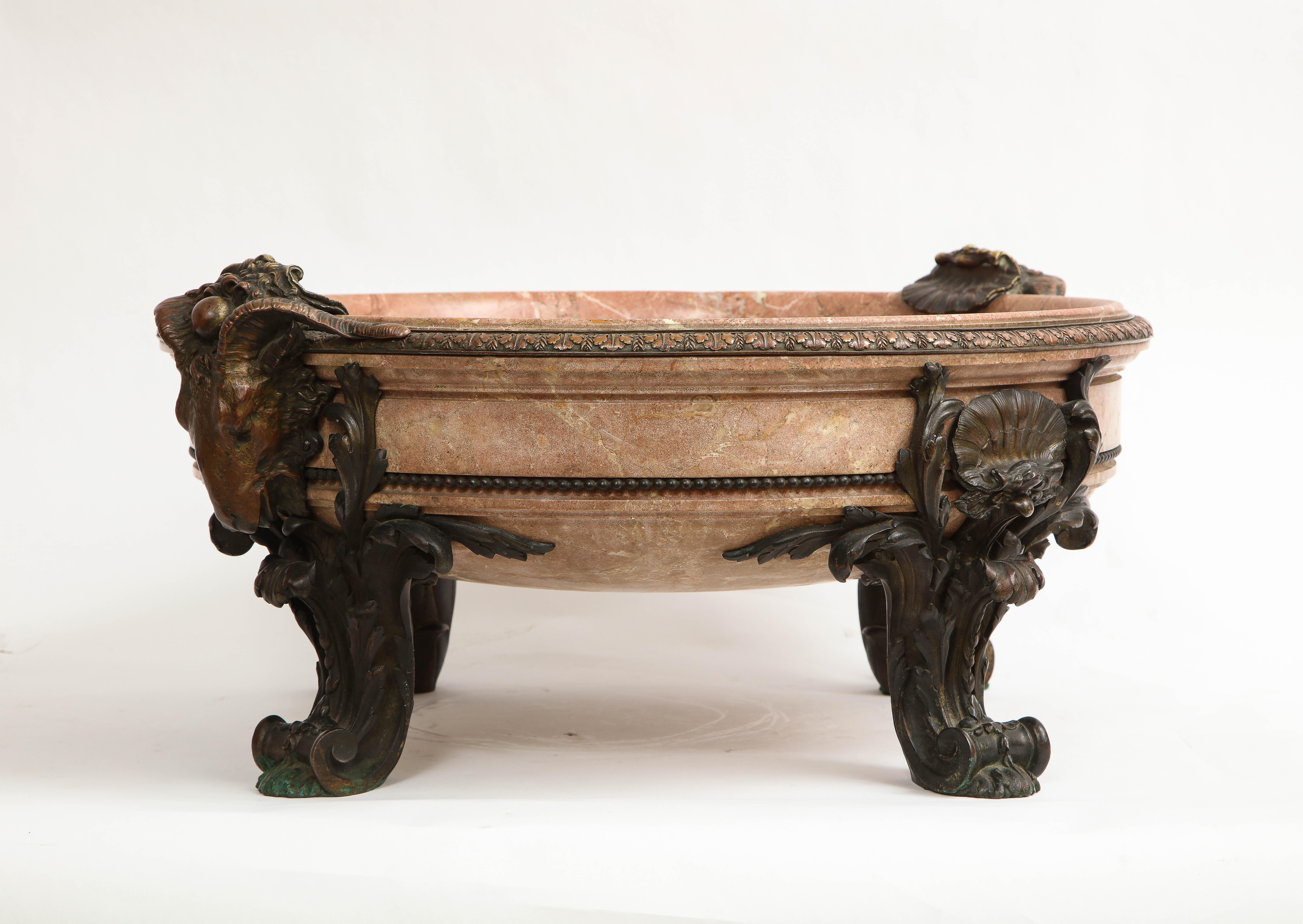 Hand-Carved 19th C. French Patinated Bronze Mounted Pink Marble Centerpiece w/ Rams Heads