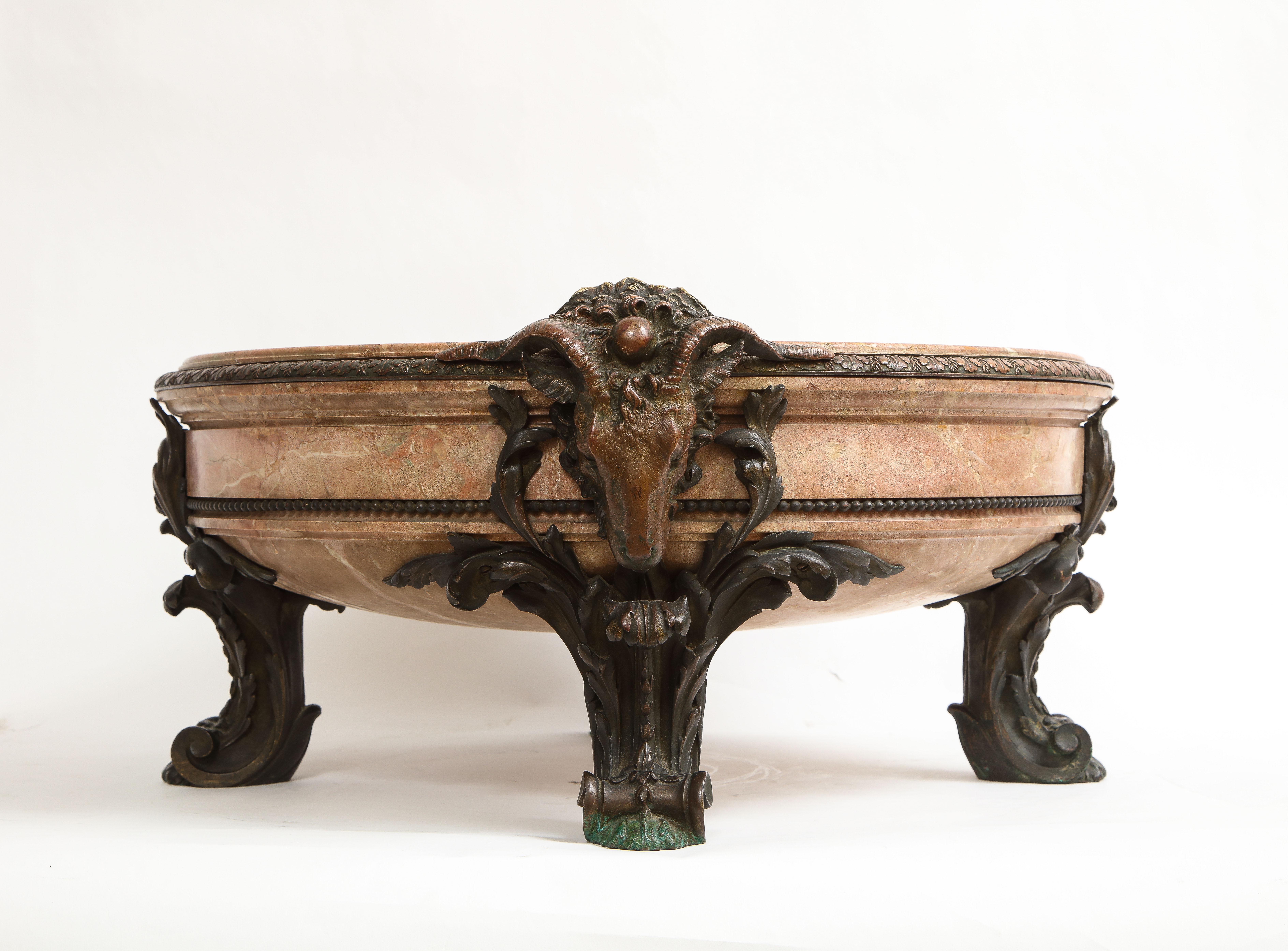 19th C. French Patinated Bronze Mounted Pink Marble Centerpiece w/ Rams Heads In Good Condition In New York, NY