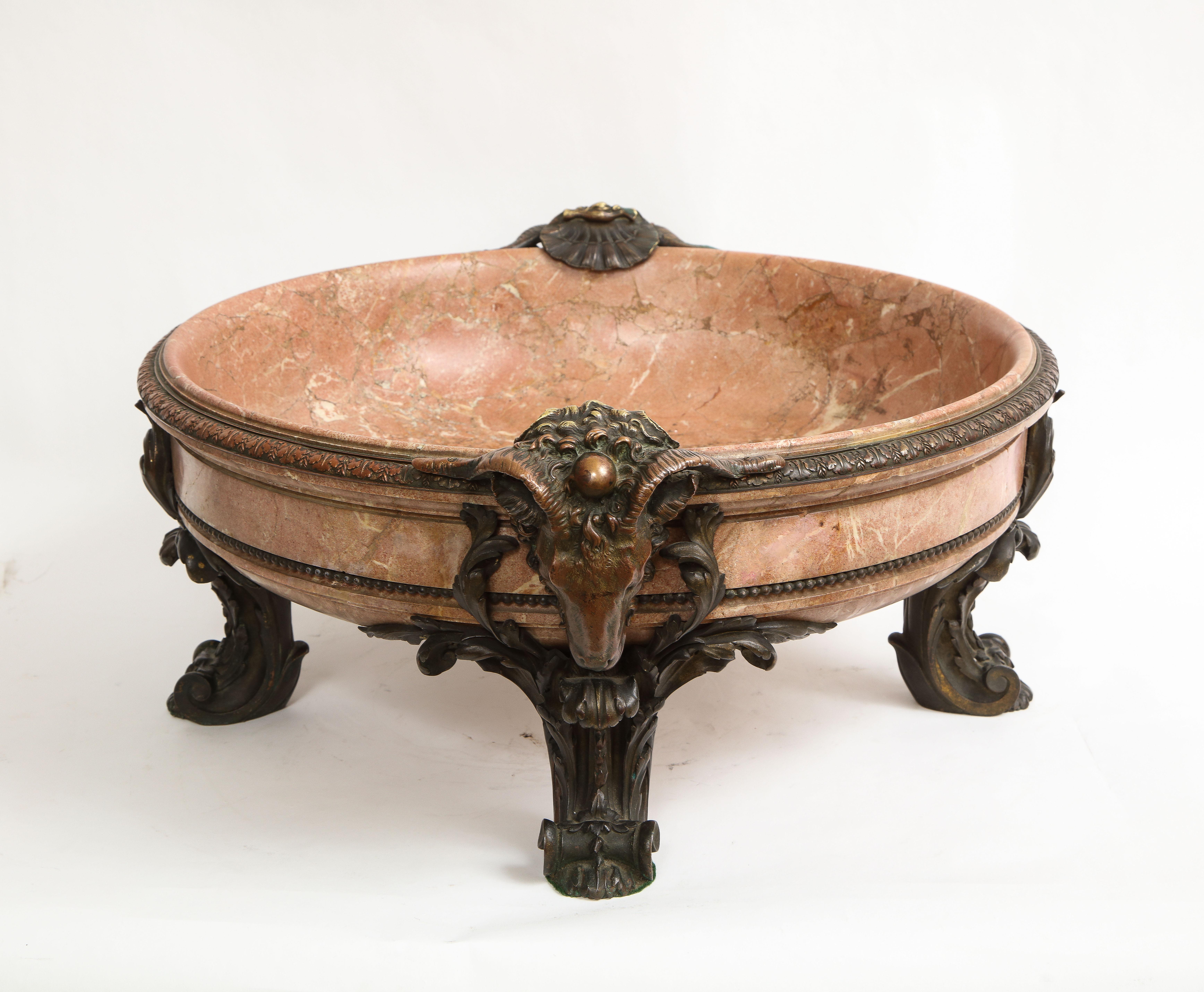 19th C. French Patinated Bronze Mounted Pink Marble Centerpiece w/ Rams Heads 2