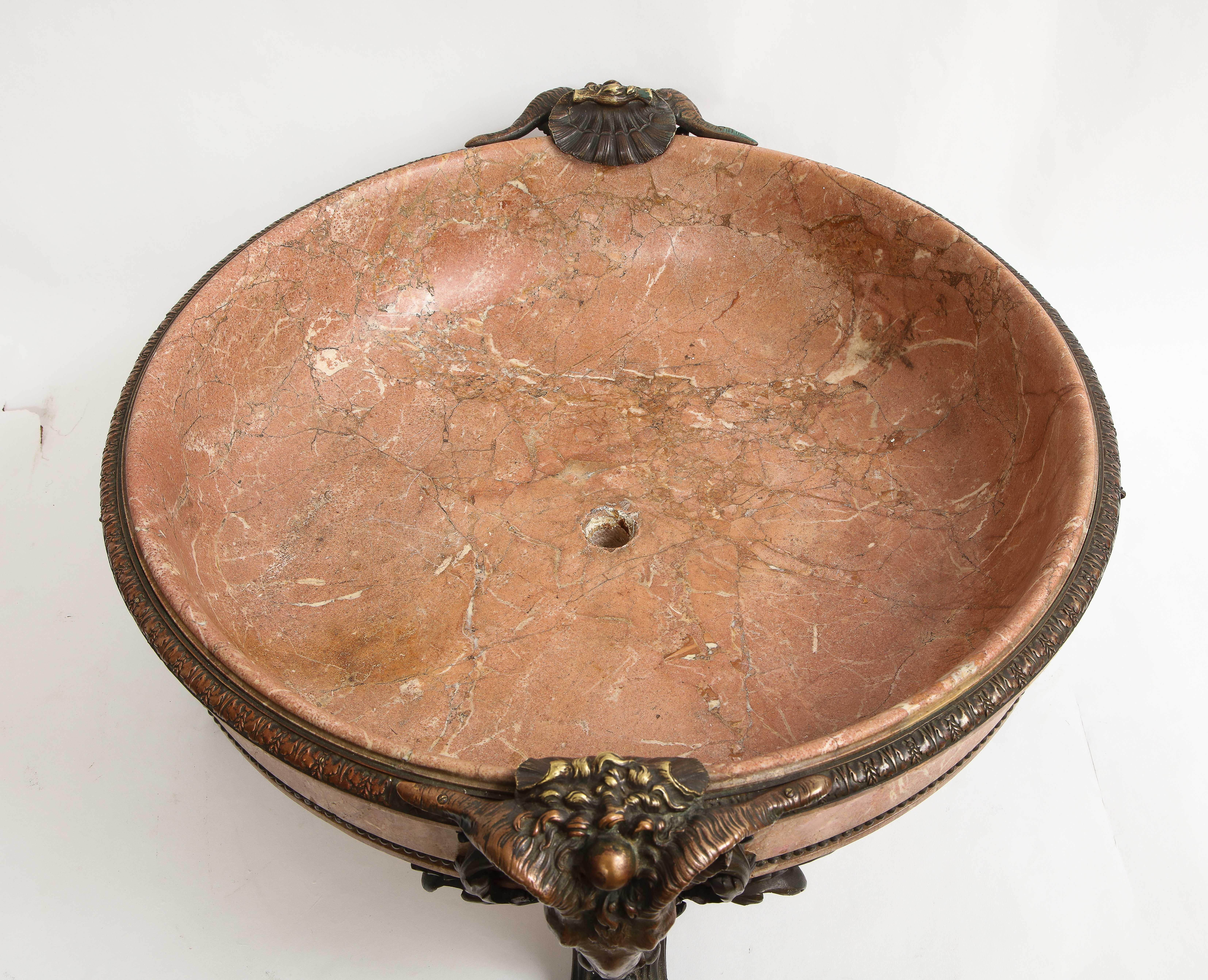 19th C. French Patinated Bronze Mounted Pink Marble Centerpiece w/ Rams Heads 3