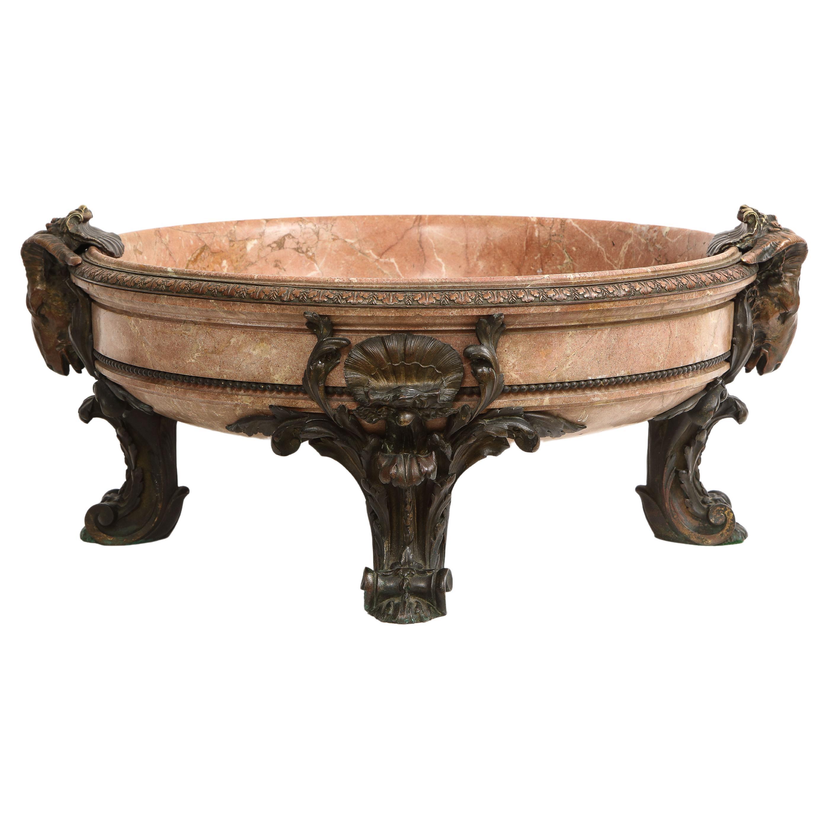 19th C. French Patinated Bronze Mounted Pink Marble Centerpiece w/ Rams Heads