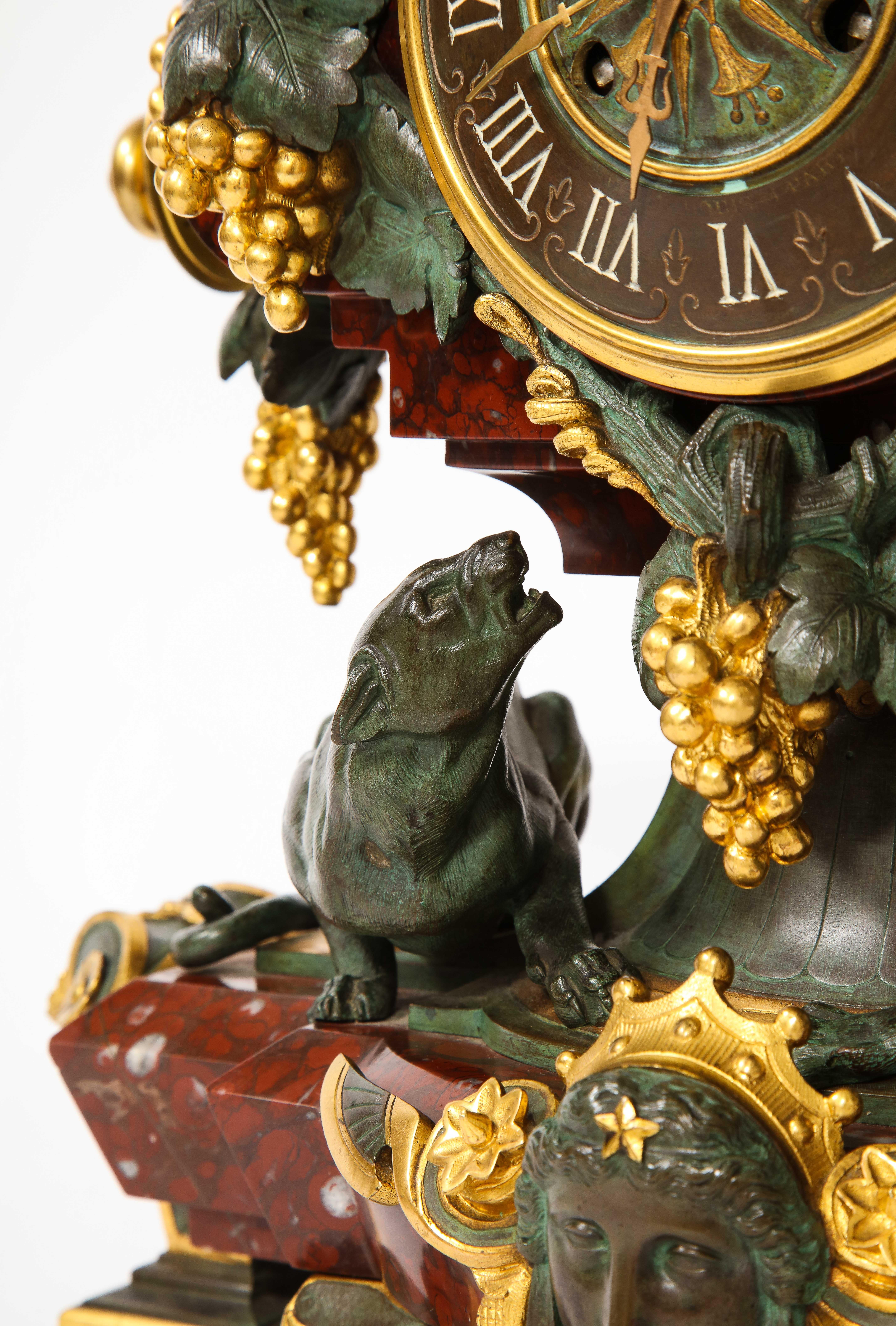 A 19th C. French Patinated Bronze & Ormolu Mounted Rouge Marble Clock Garniture For Sale 5
