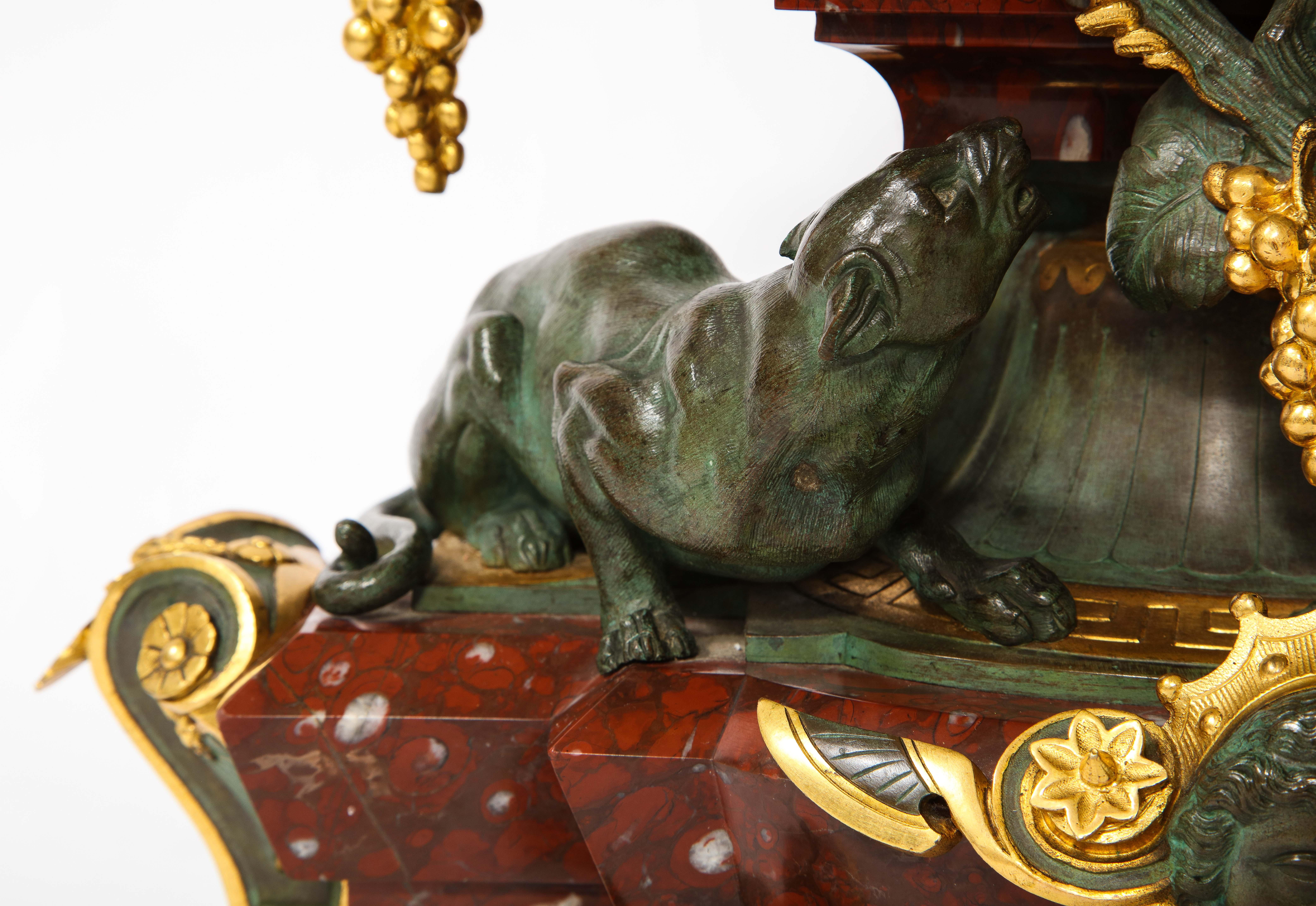 A 19th C. French Patinated Bronze & Ormolu Mounted Rouge Marble Clock Garniture For Sale 6