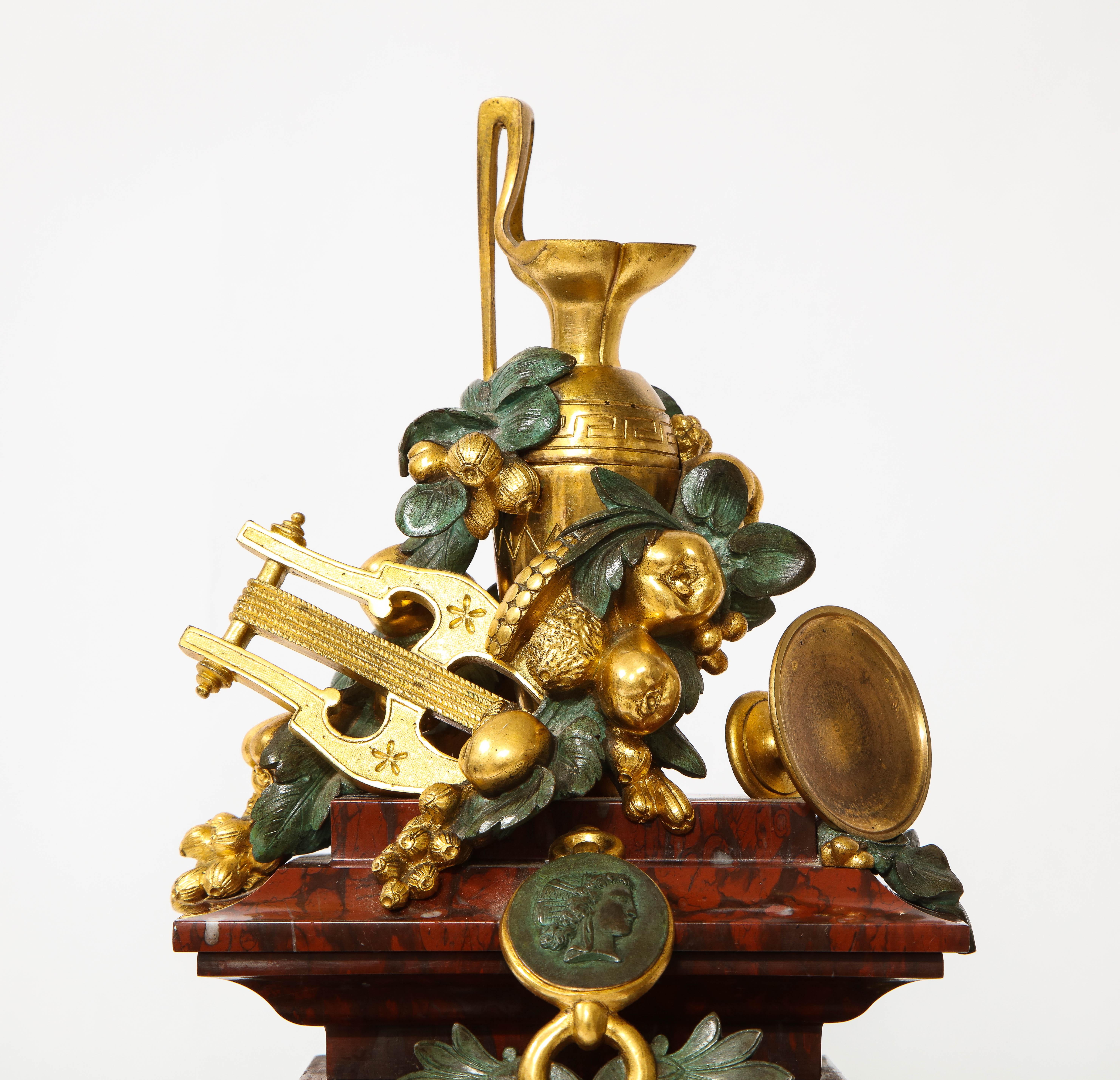 A 19th C. French Patinated Bronze & Ormolu Mounted Rouge Marble Clock Garniture For Sale 7