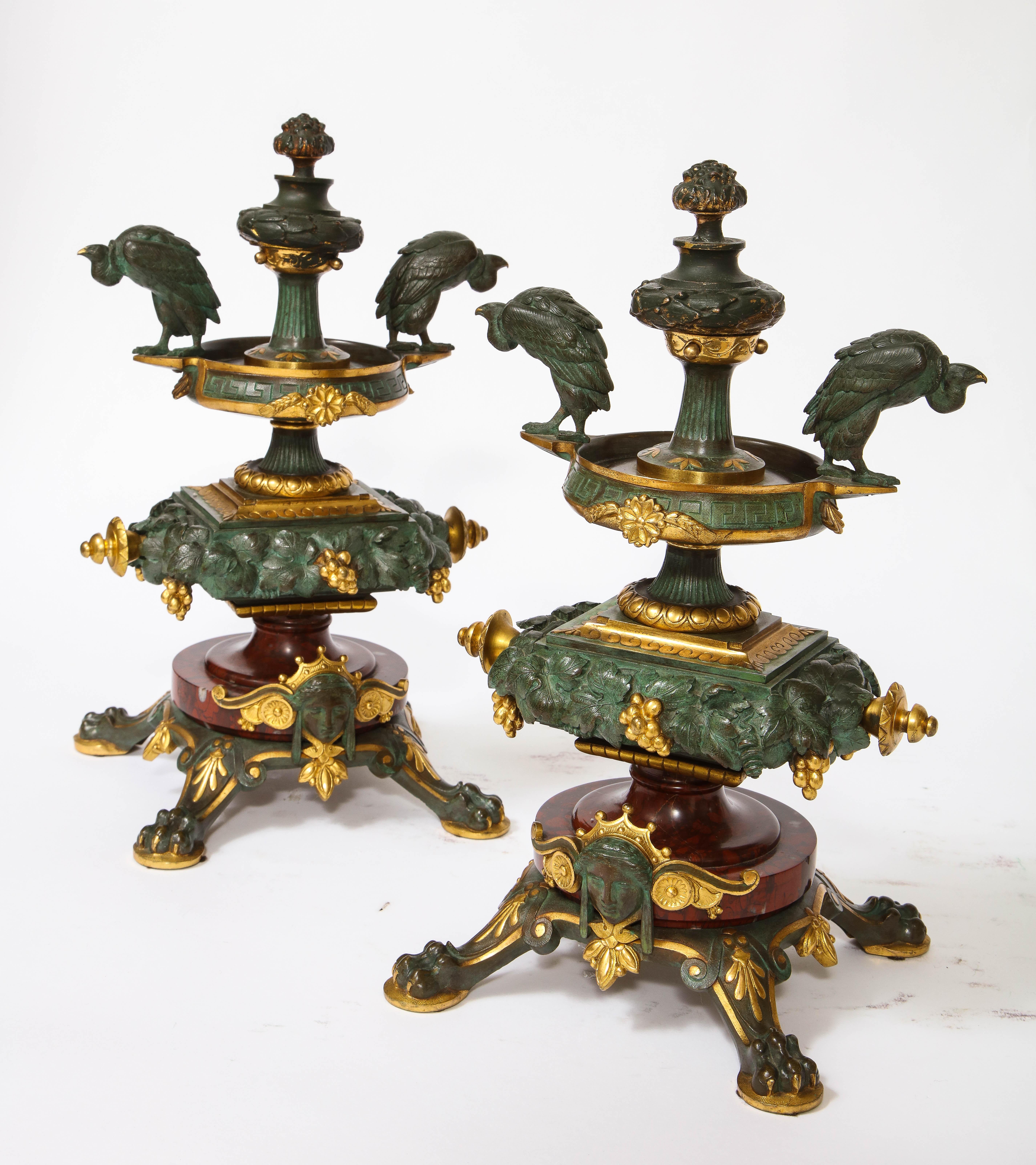 A 19th C. French Patinated Bronze & Ormolu Mounted Rouge Marble Clock Garniture For Sale 8