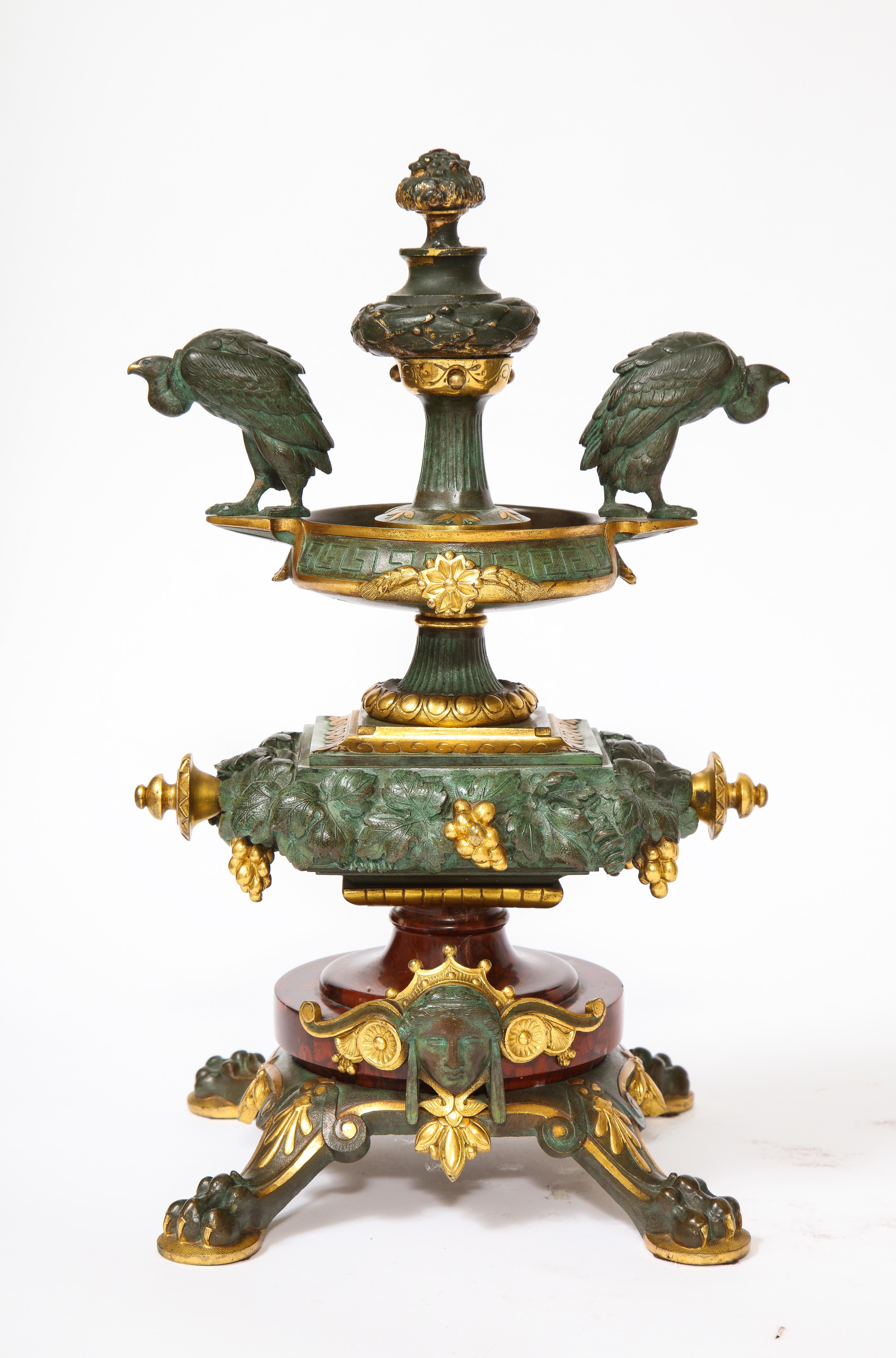 A 19th C. French Patinated Bronze & Ormolu Mounted Rouge Marble Clock Garniture For Sale 9