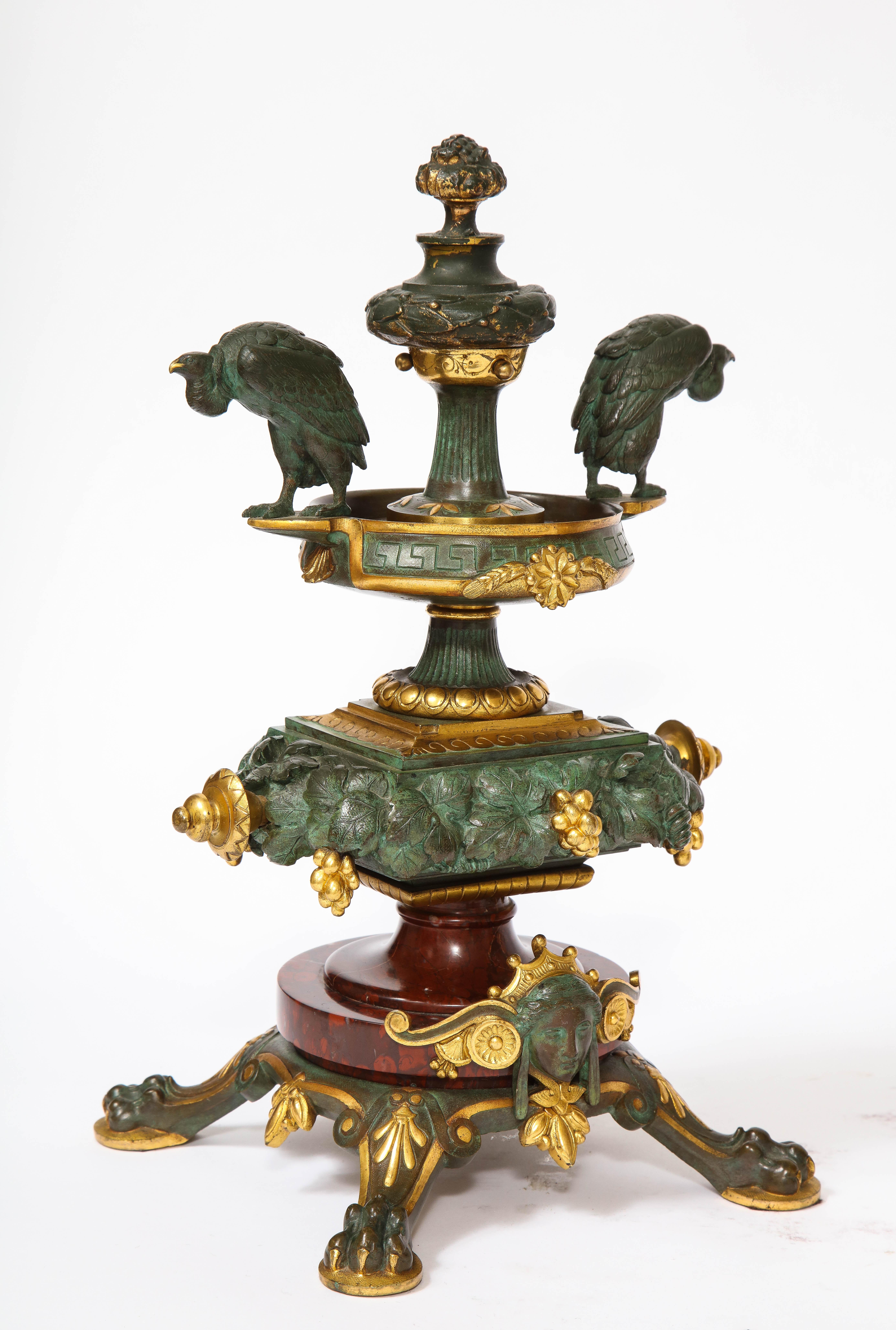 A 19th C. French Patinated Bronze & Ormolu Mounted Rouge Marble Clock Garniture For Sale 10