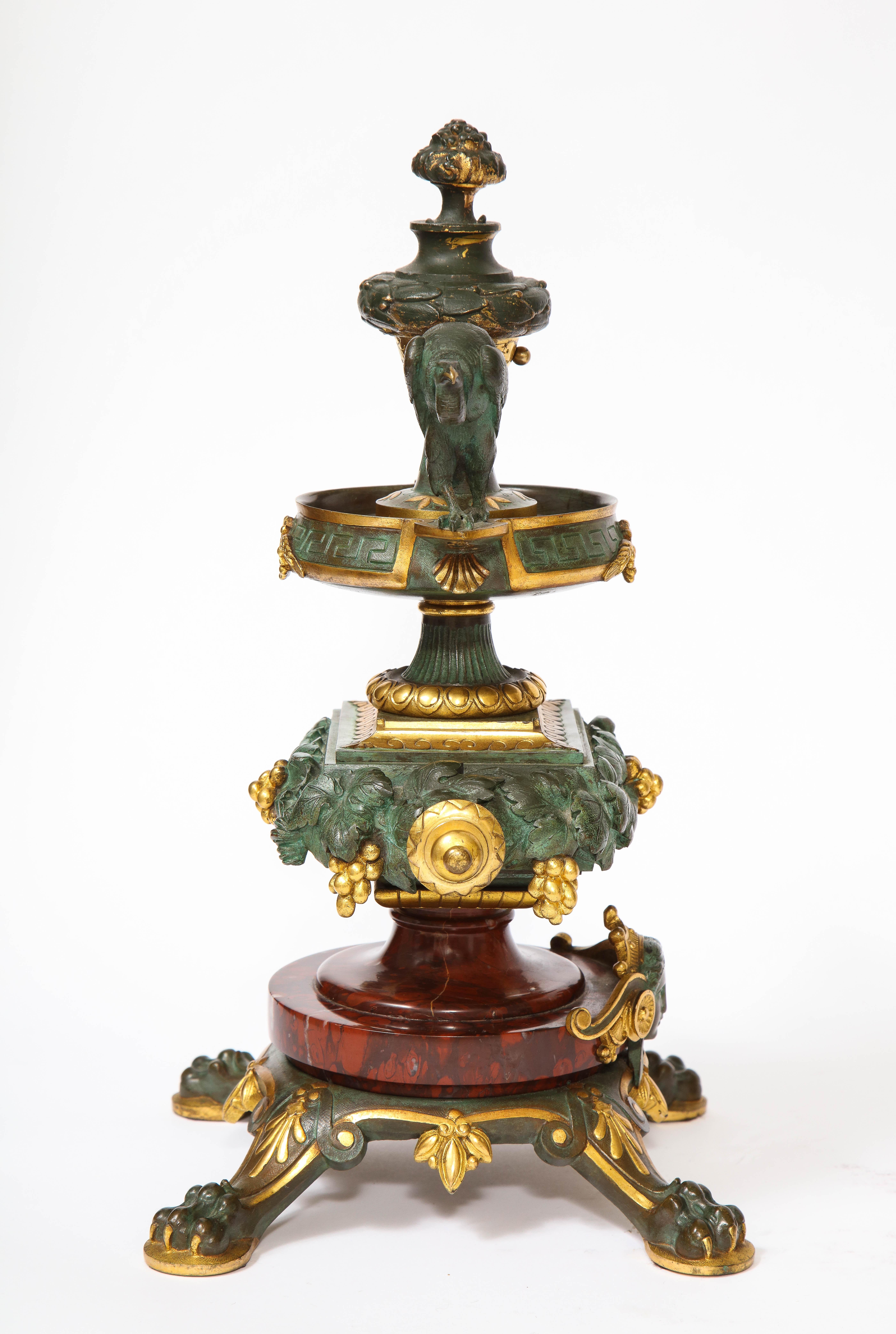 A 19th C. French Patinated Bronze & Ormolu Mounted Rouge Marble Clock Garniture For Sale 11