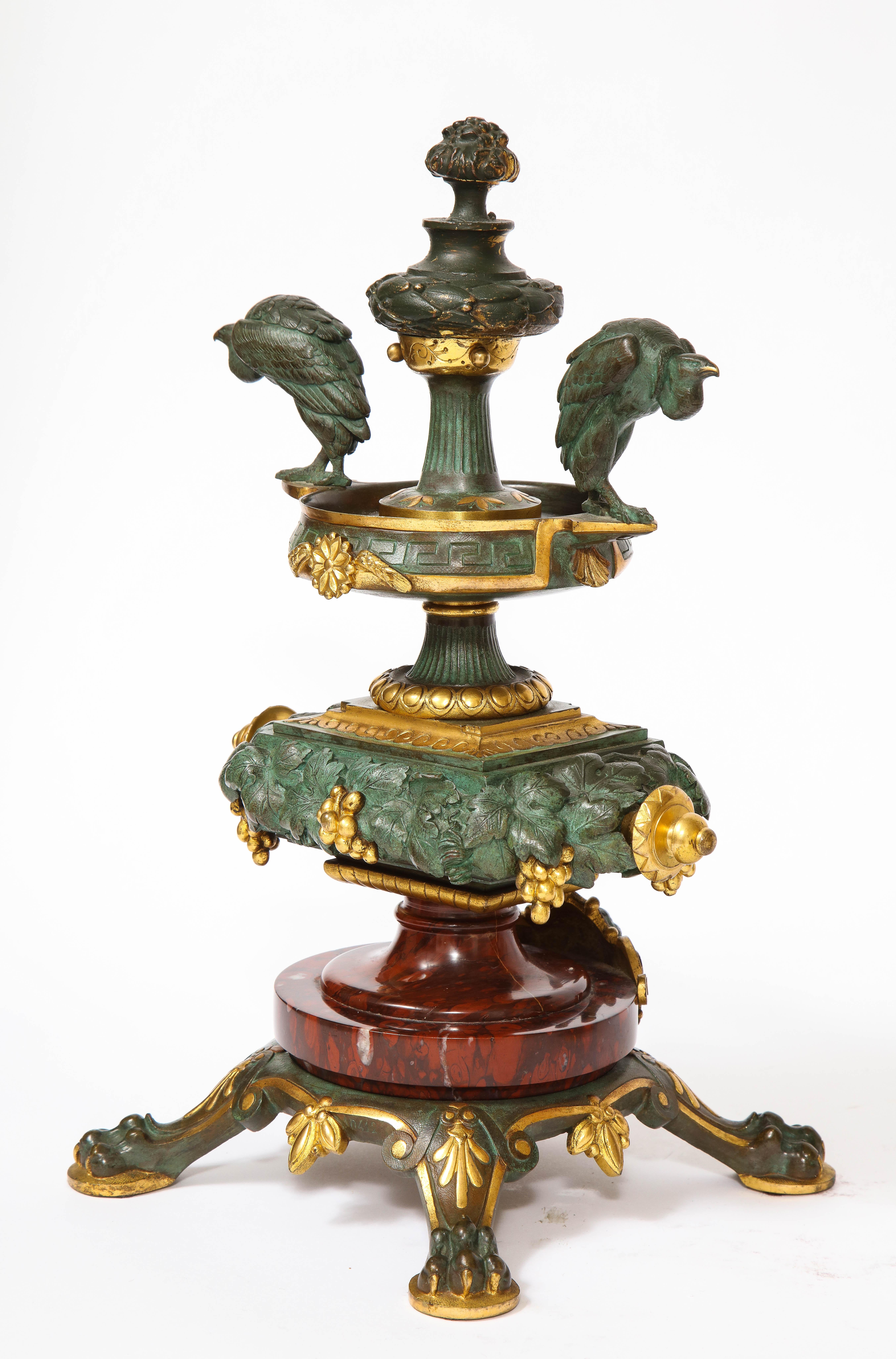 A 19th C. French Patinated Bronze & Ormolu Mounted Rouge Marble Clock Garniture For Sale 12