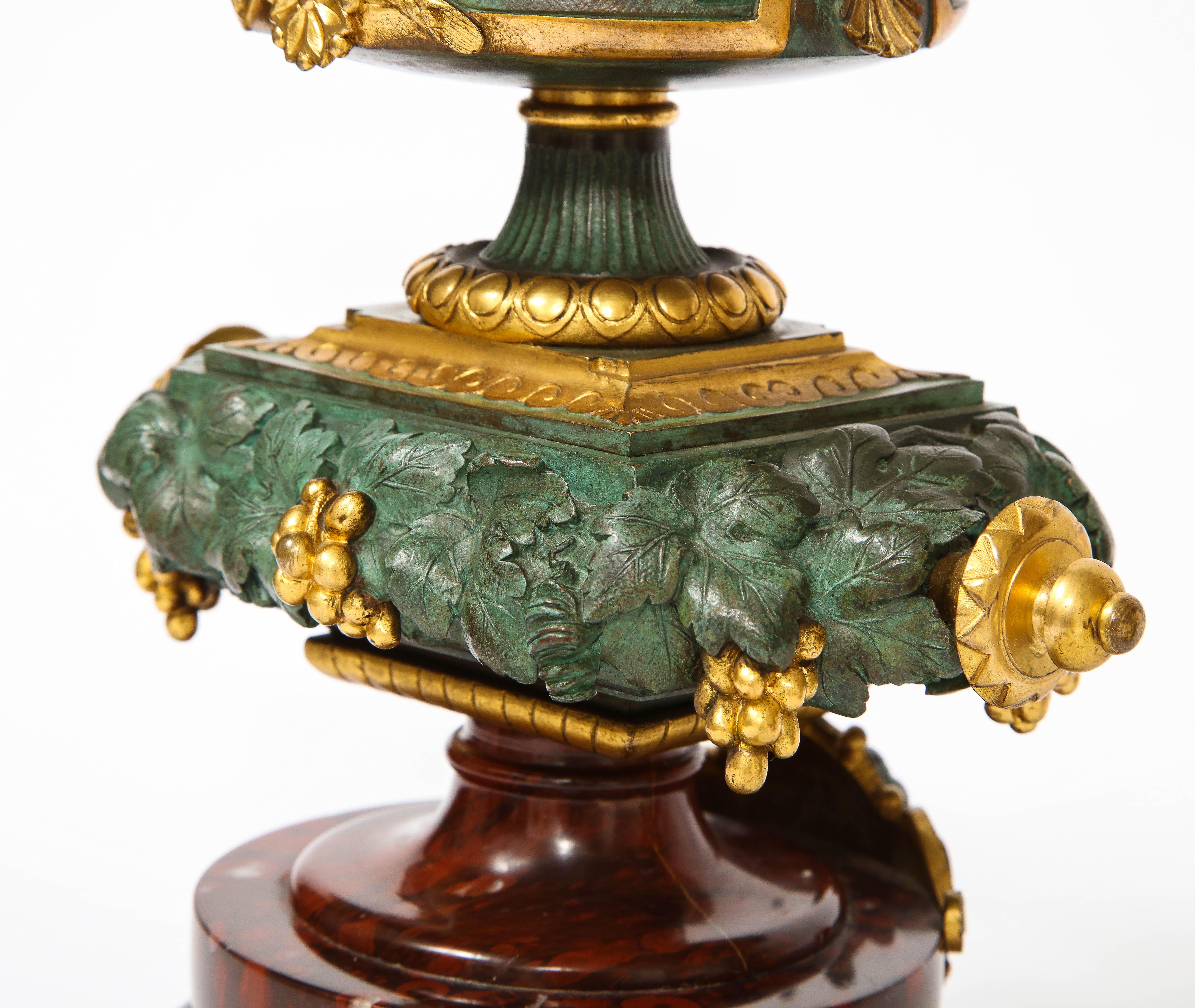 A 19th C. French Patinated Bronze & Ormolu Mounted Rouge Marble Clock Garniture For Sale 15