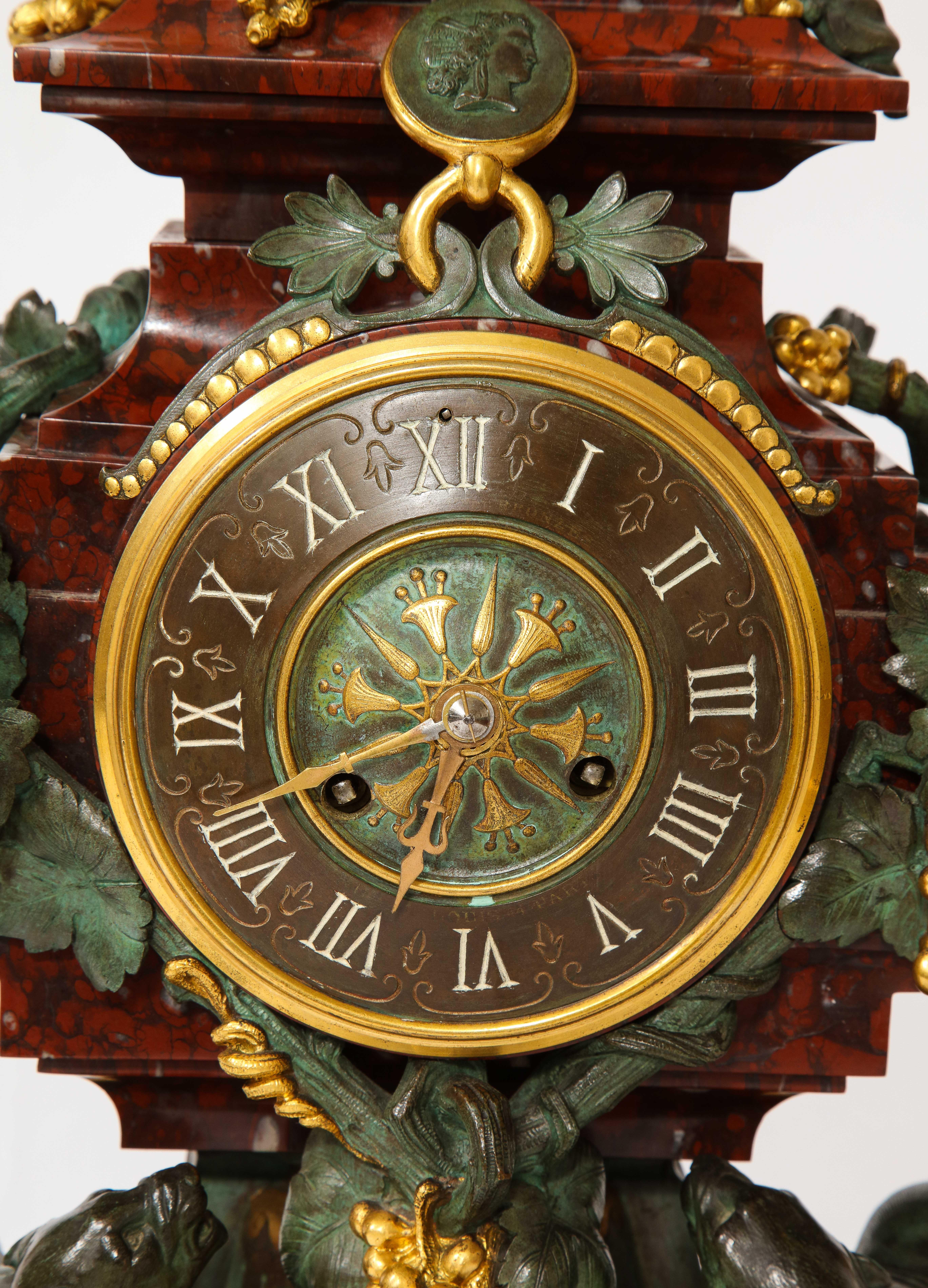 A 19th C. French Patinated Bronze & Ormolu Mounted Rouge Marble Clock Garniture For Sale 2