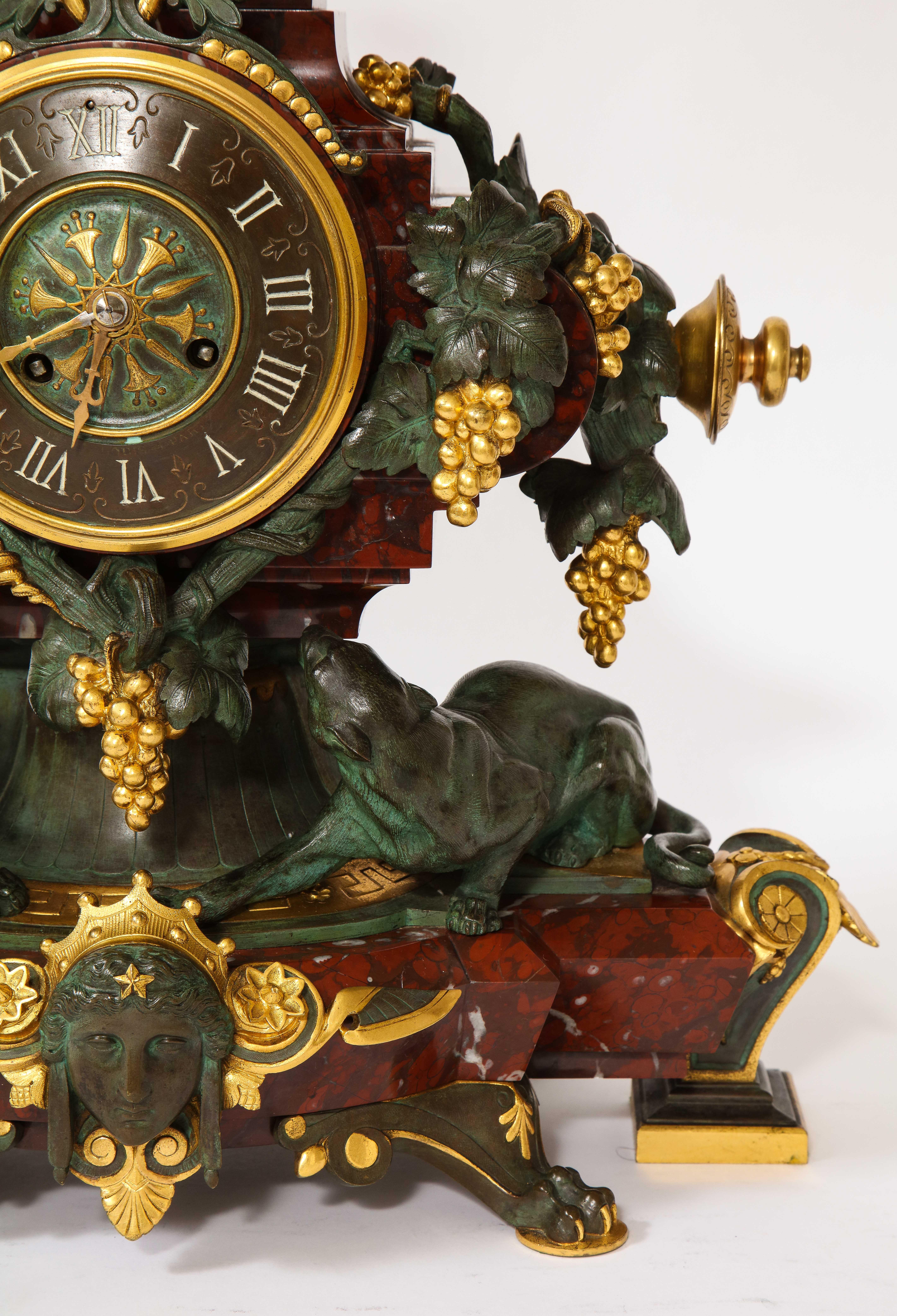 A 19th C. French Patinated Bronze & Ormolu Mounted Rouge Marble Clock Garniture For Sale 3