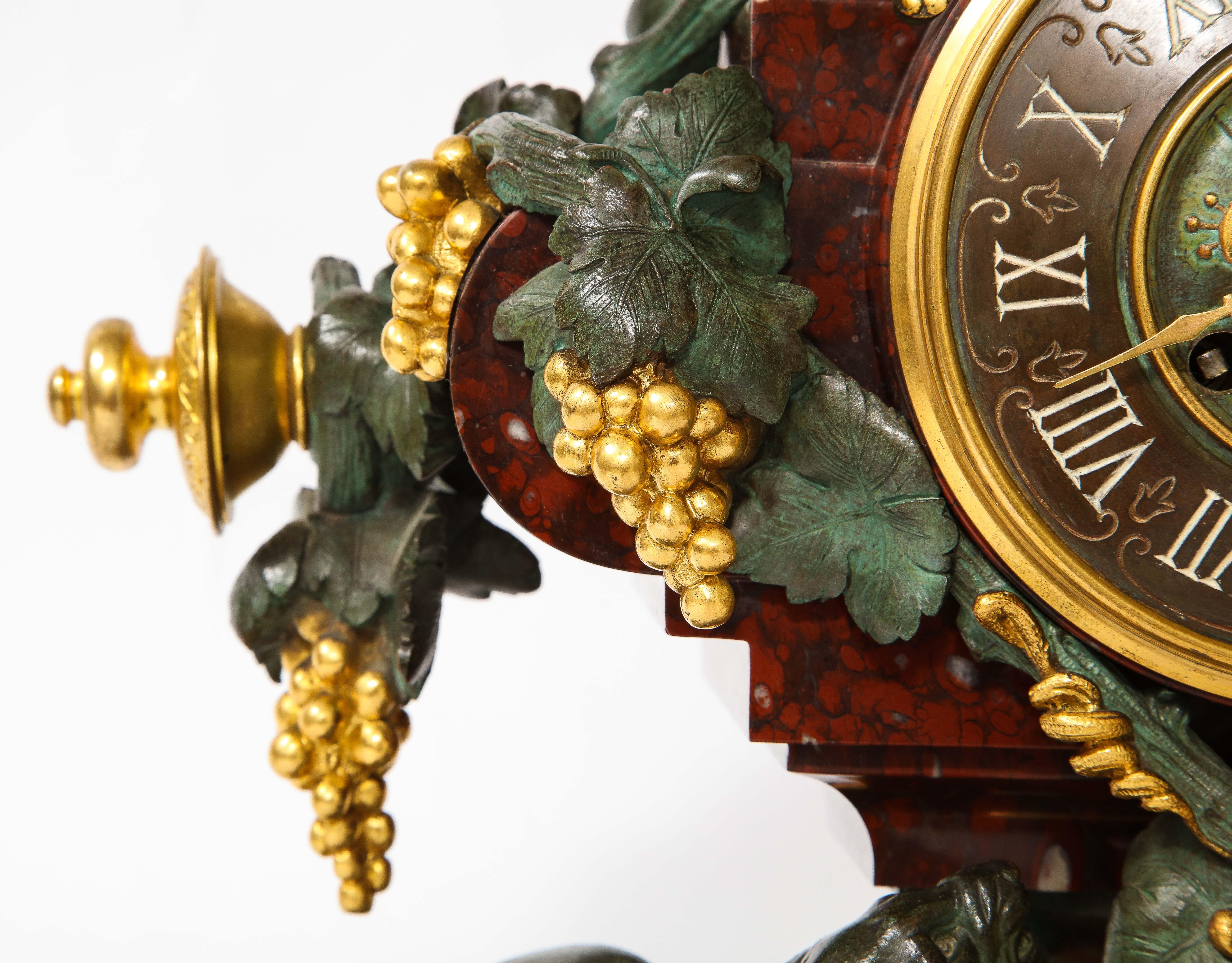 A 19th C. French Patinated Bronze & Ormolu Mounted Rouge Marble Clock Garniture For Sale 4