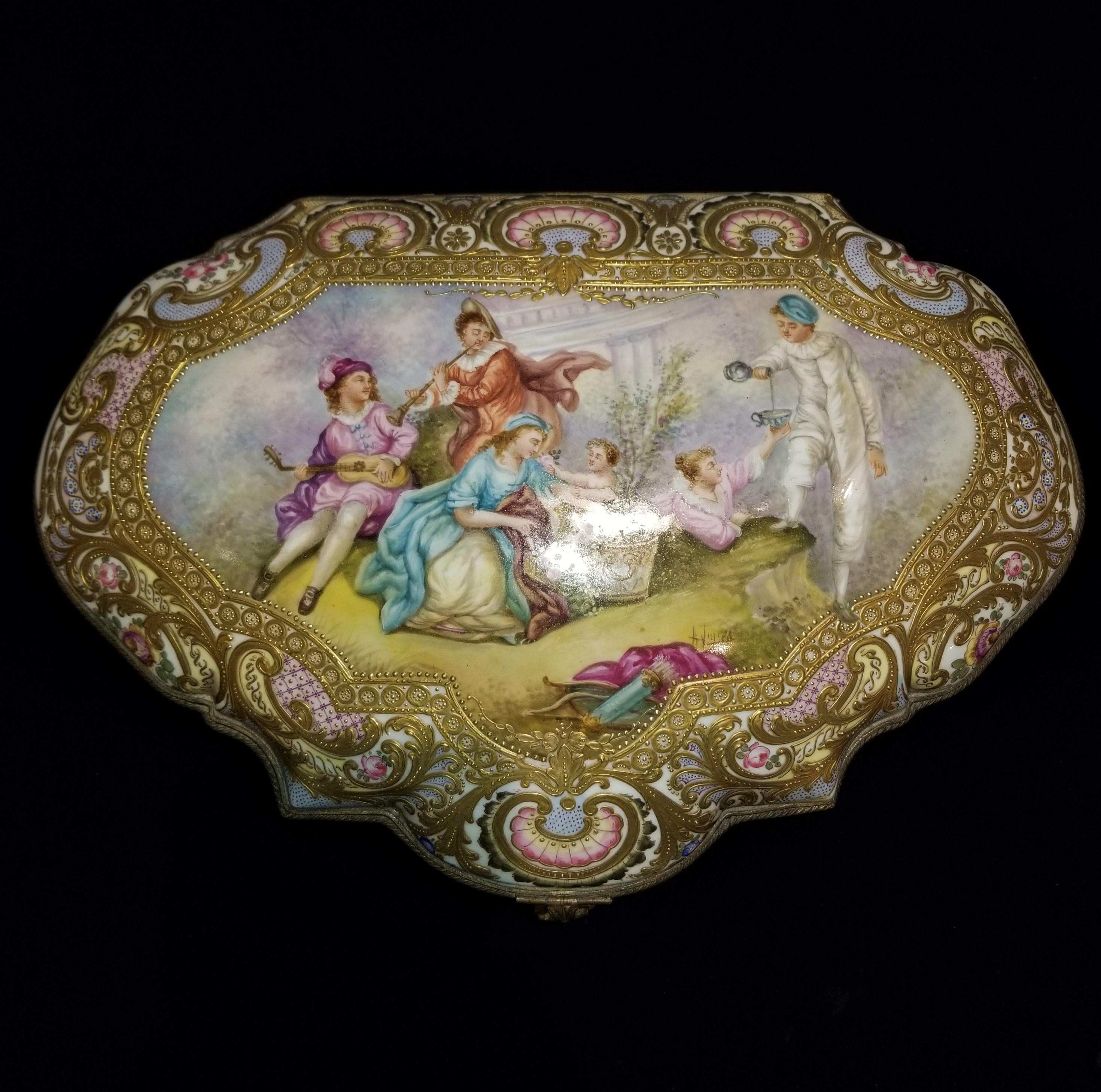 French Gilt Bronze Mounted Sevres Jewel Box and Cover with Multi-Panel Scenes For Sale