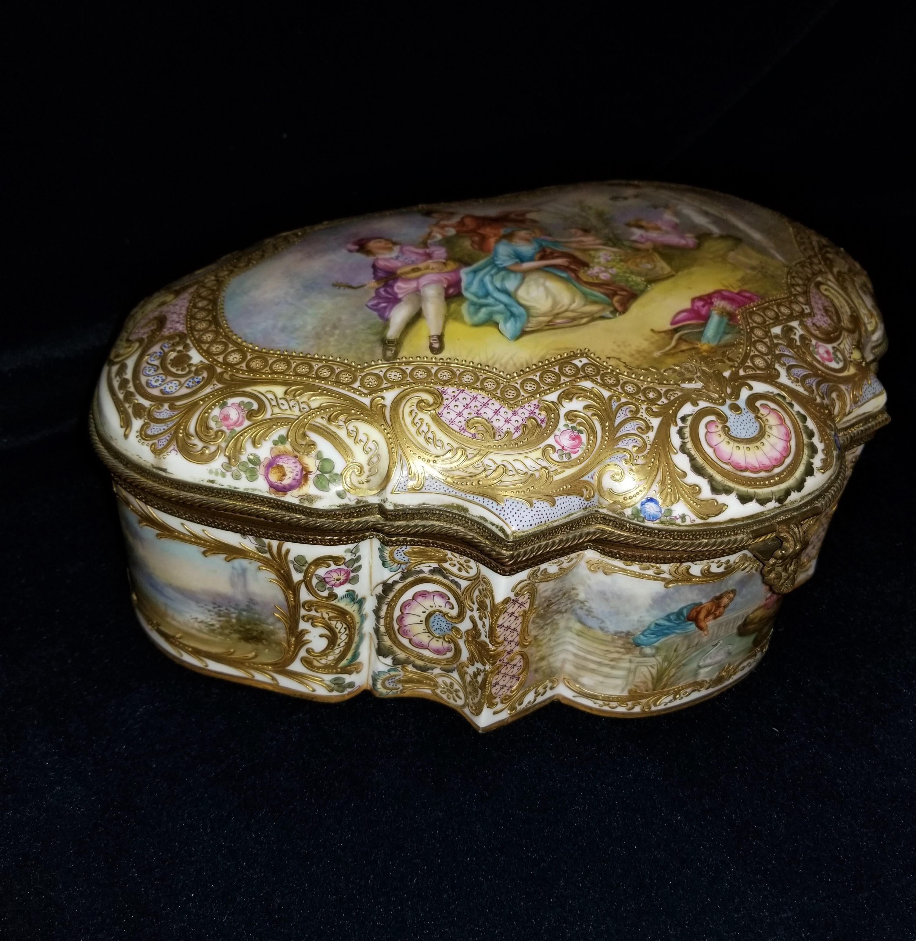 Late 19th Century Gilt Bronze Mounted Sevres Jewel Box and Cover with Multi-Panel Scenes For Sale