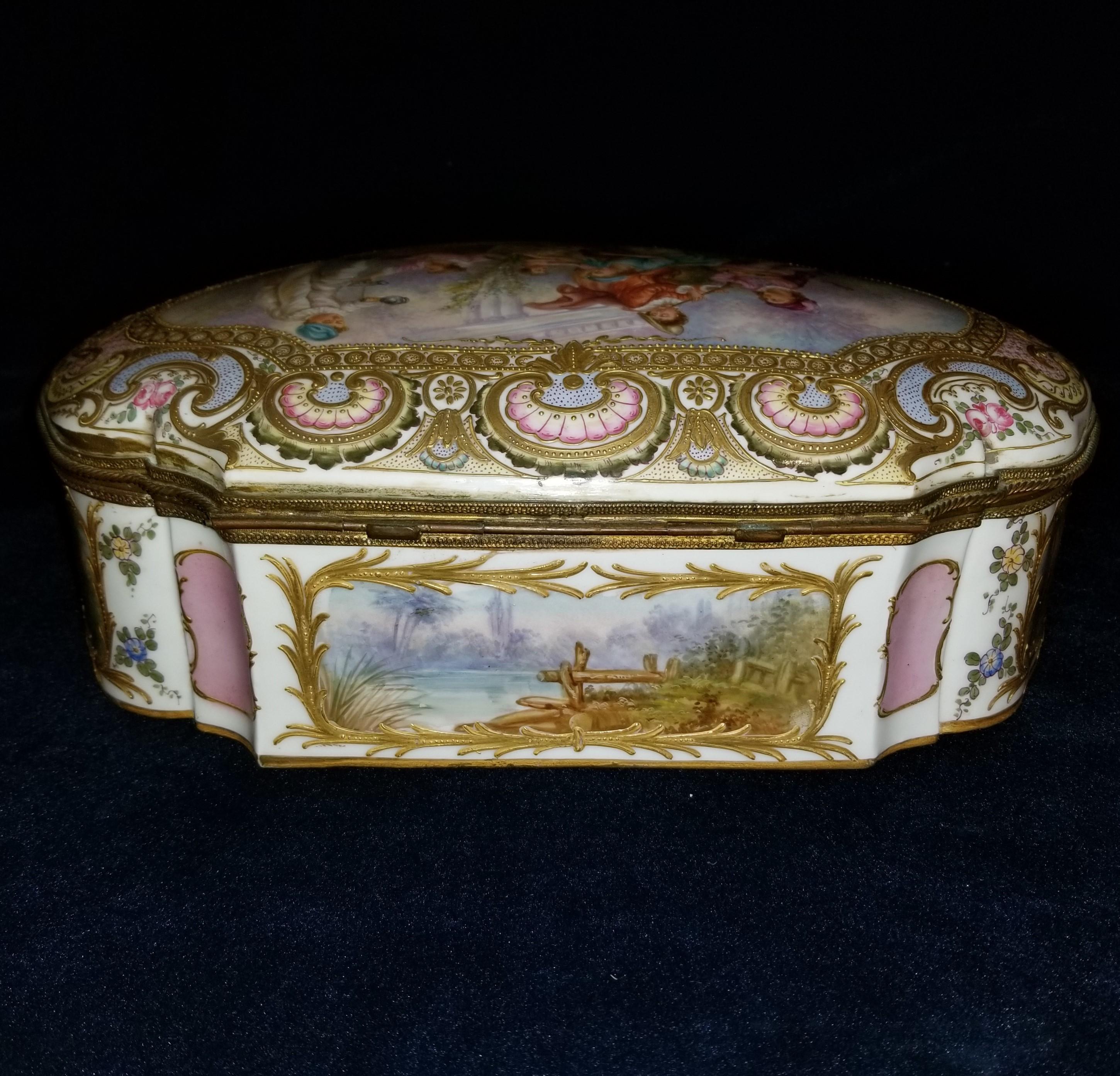 Porcelain Gilt Bronze Mounted Sevres Jewel Box and Cover with Multi-Panel Scenes For Sale