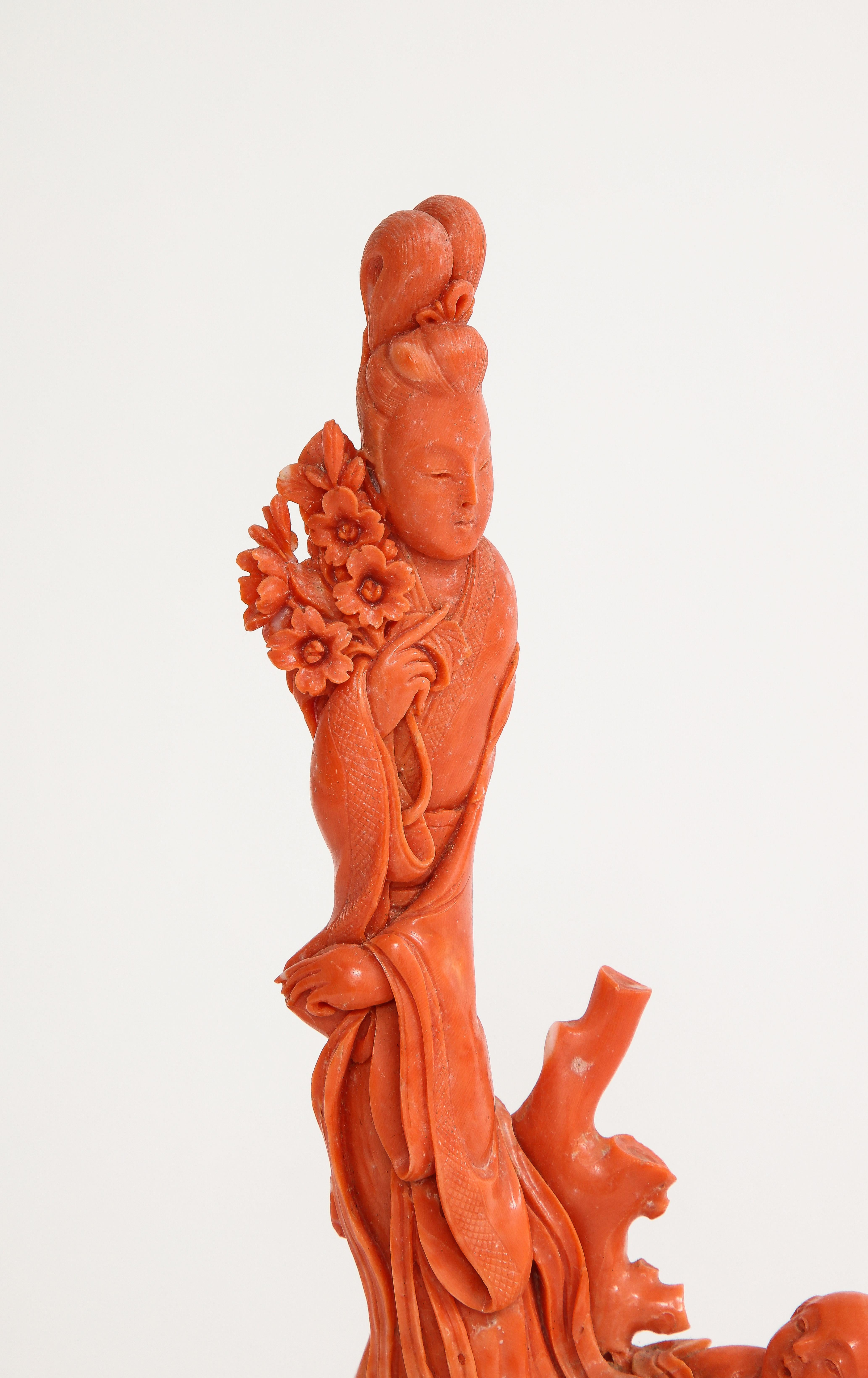 19th C. Hand Carved Chinese Coral Sculpture of a Maiden and Child on a Phoenix 7