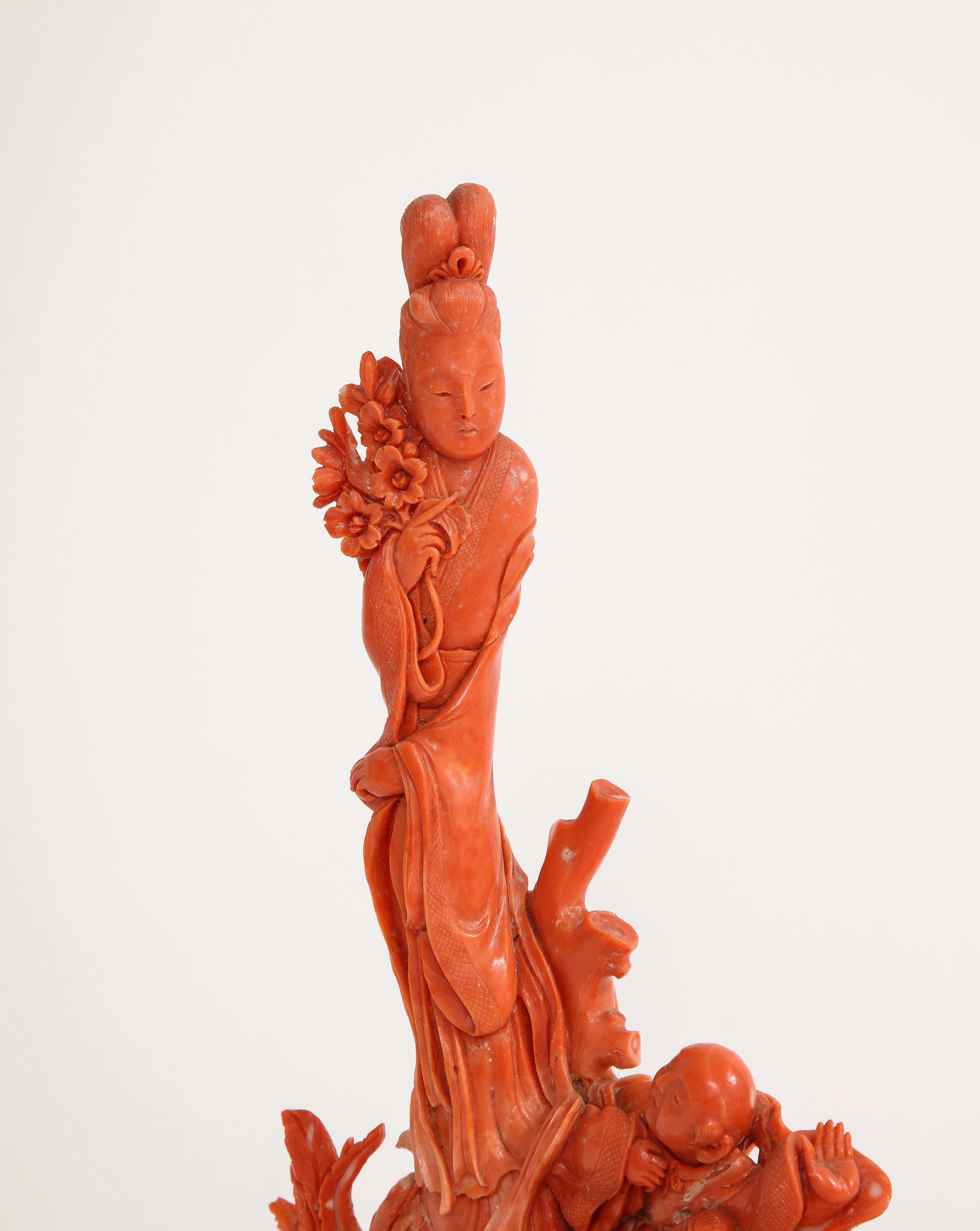 19th C. Hand Carved Chinese Coral Sculpture of a Maiden and Child on a Phoenix 8