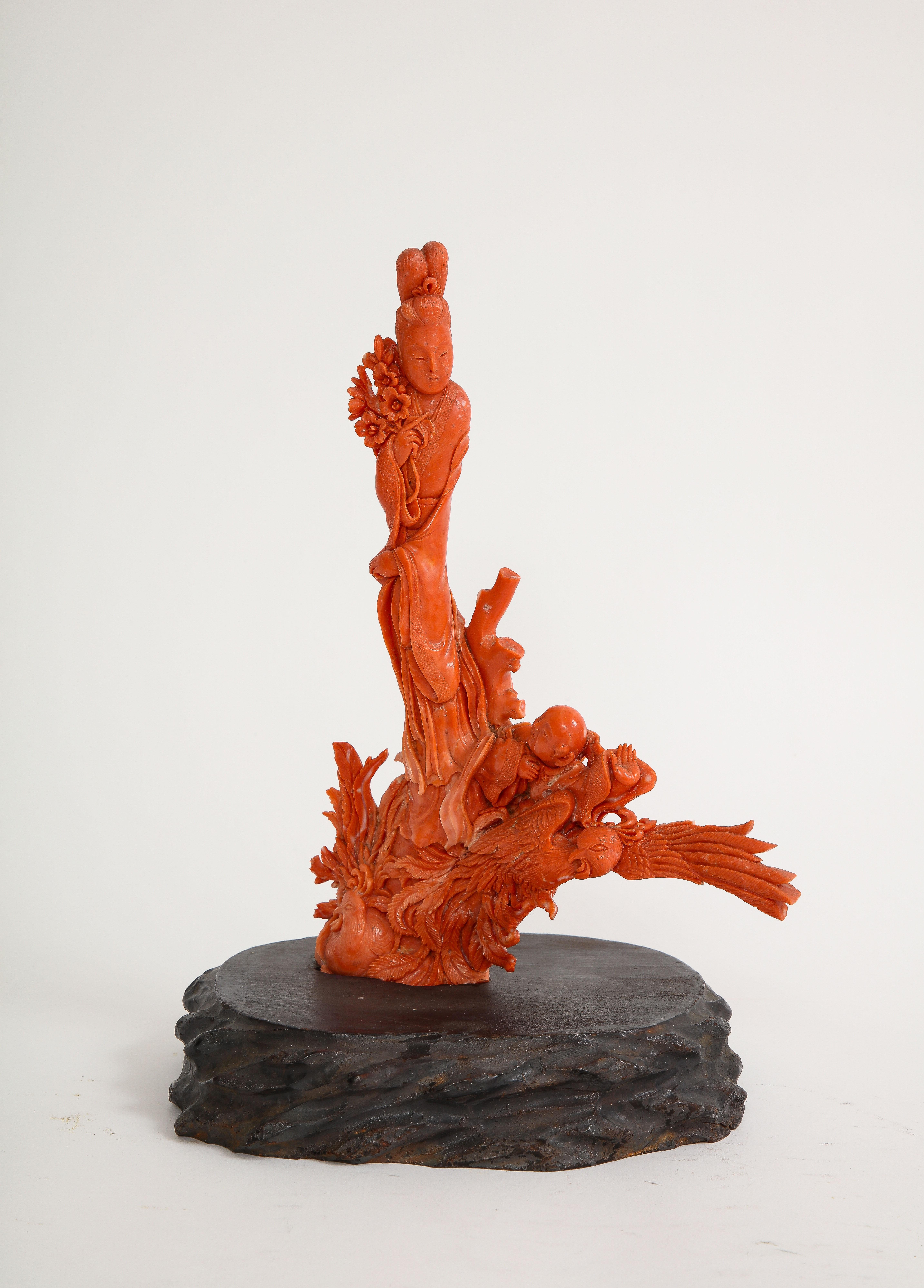 Hand-Carved 19th C. Hand Carved Chinese Coral Sculpture of a Maiden and Child on a Phoenix