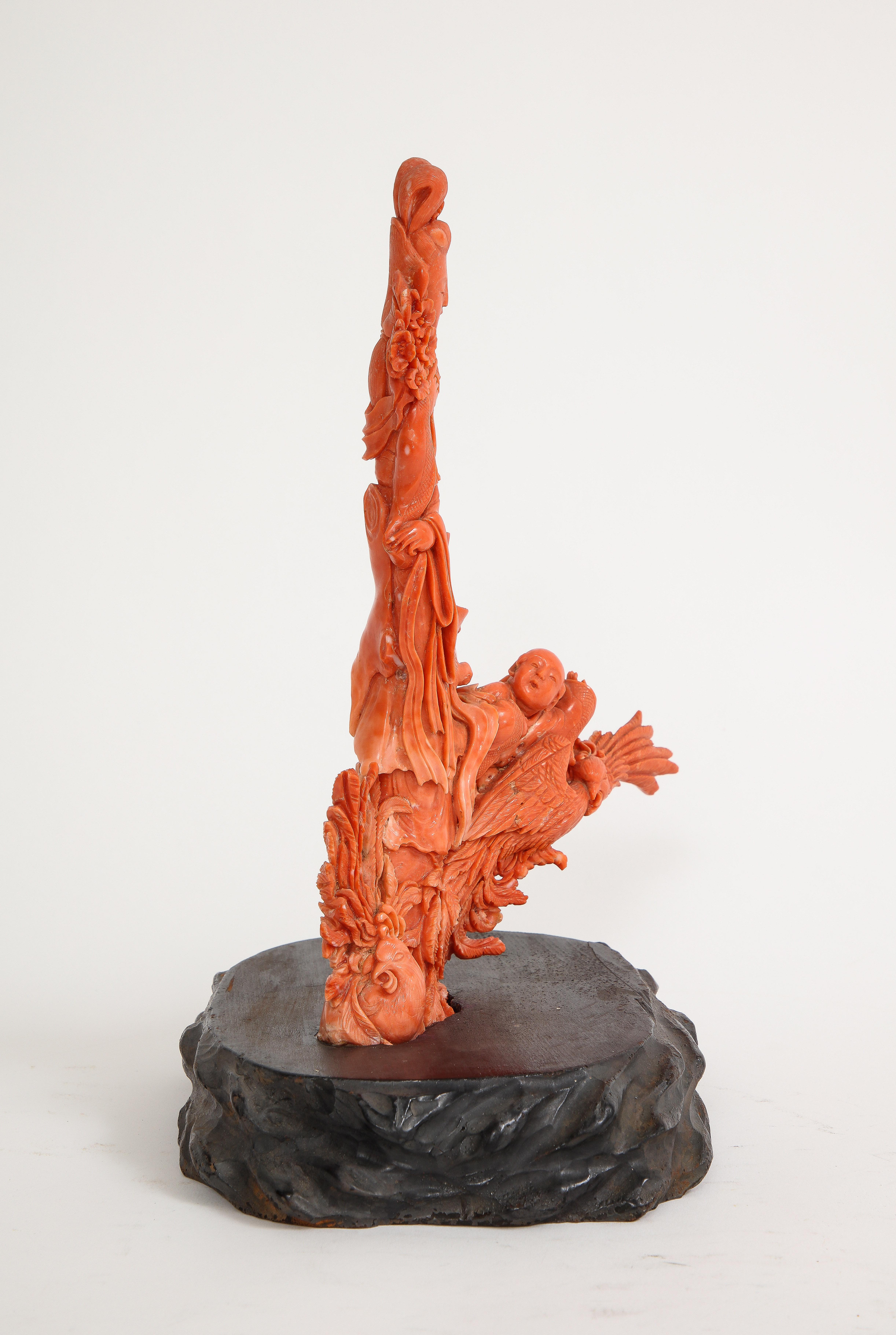 19th C. Hand Carved Chinese Coral Sculpture of a Maiden and Child on a Phoenix In Good Condition In New York, NY