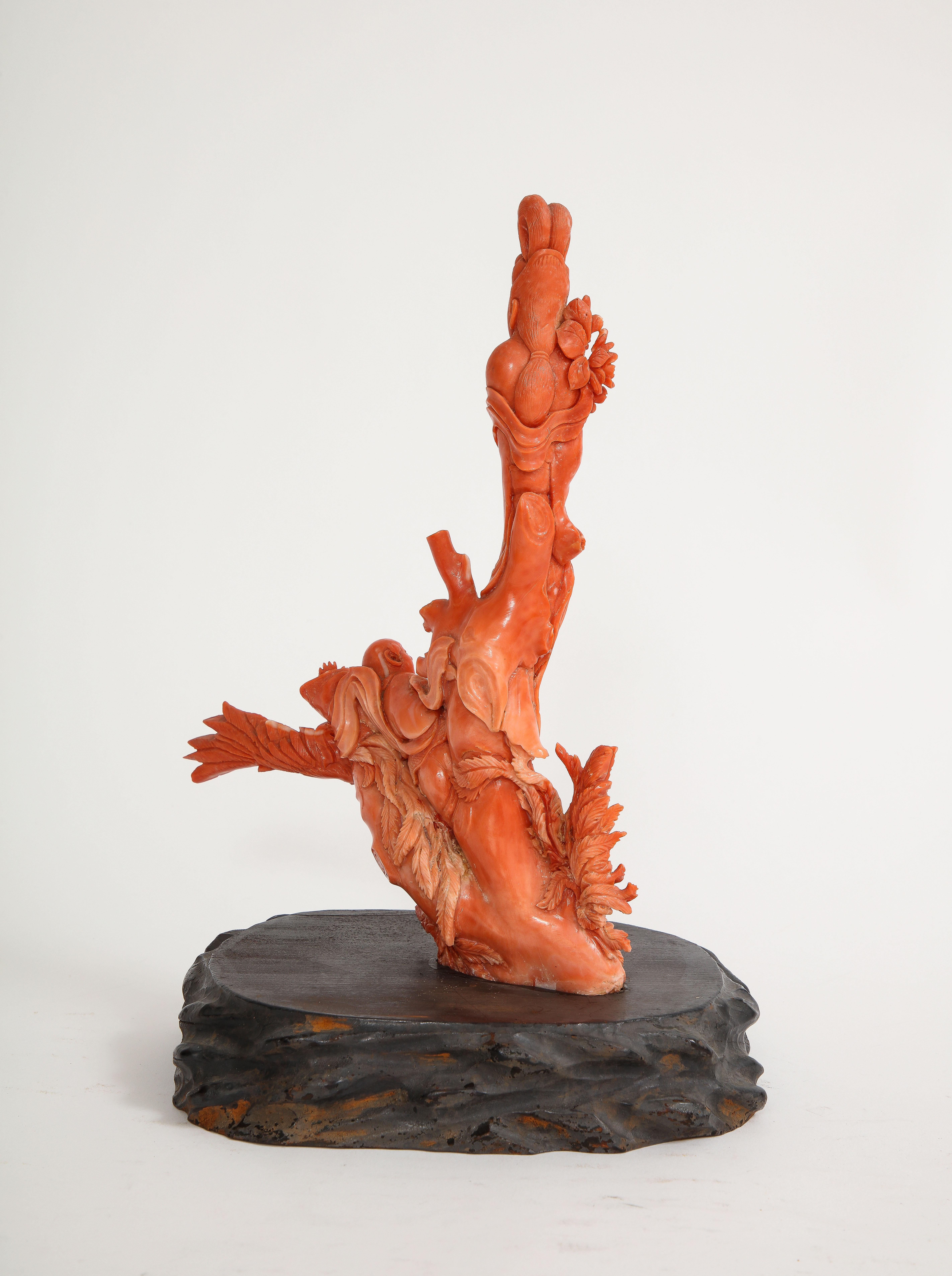 Late 19th Century 19th C. Hand Carved Chinese Coral Sculpture of a Maiden and Child on a Phoenix