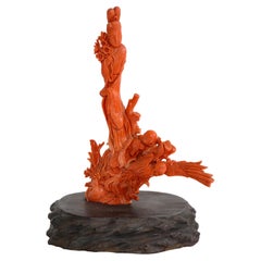 19. Jh. Handgeschnitzte chinesische Korallenskulptur eines Mädchens und eines Childs auf einem Phoenix