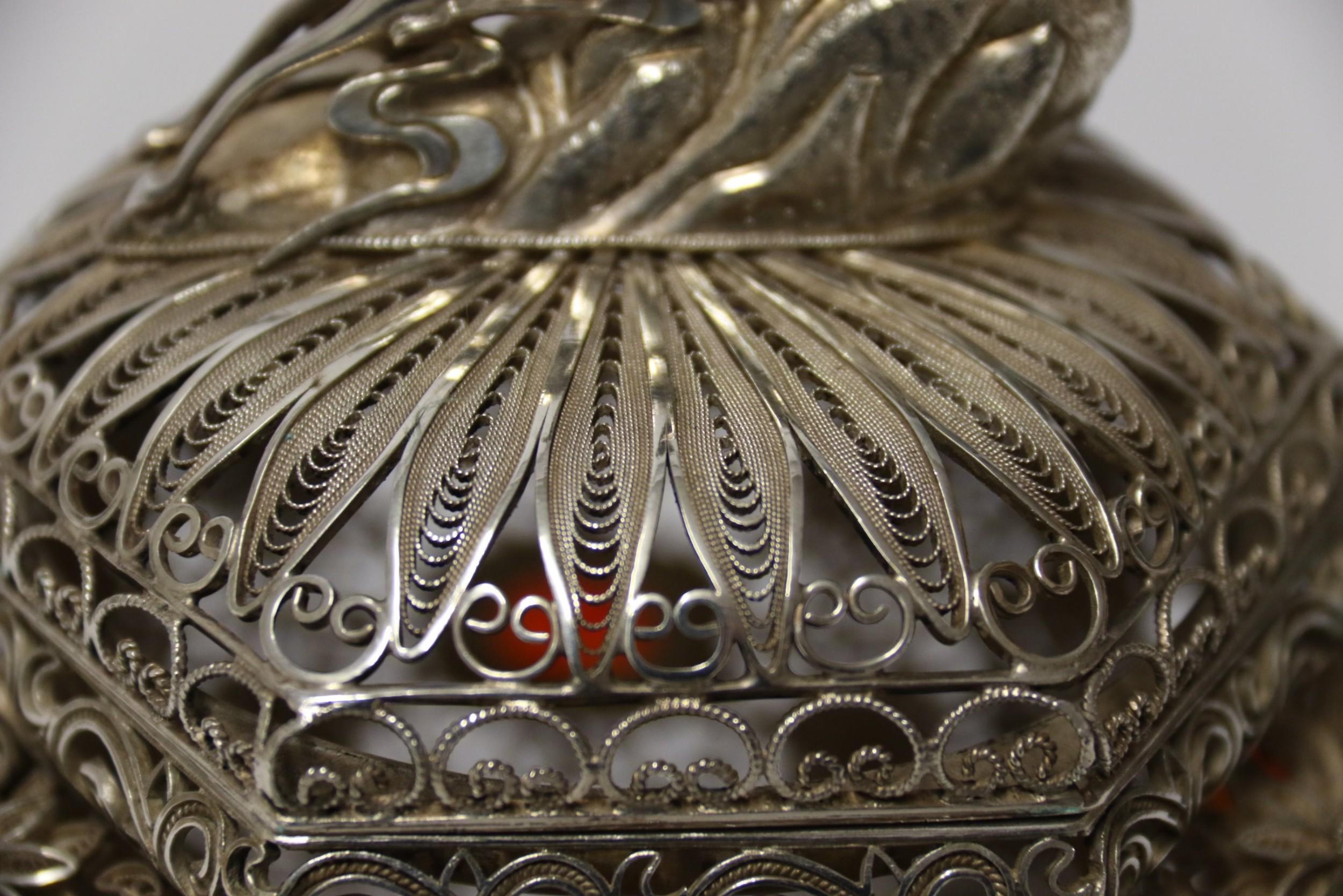 19th Century Indian Silver Filigree Work Incense Burner with Mounted Cabochons For Sale 7