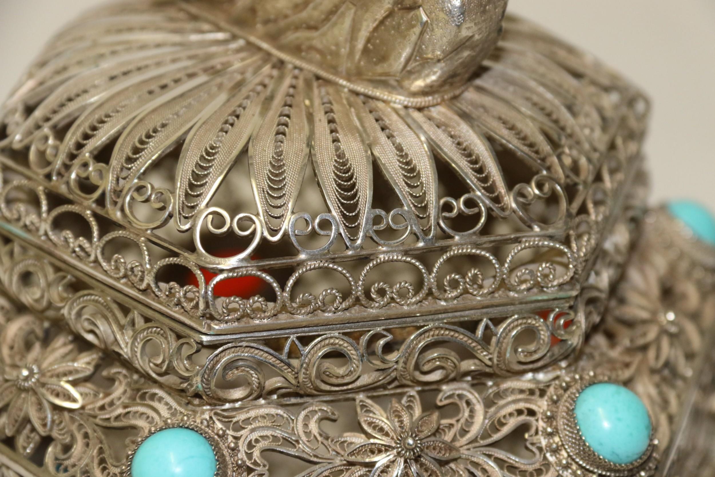19th Century Indian Silver Filigree Work Incense Burner with Mounted Cabochons For Sale 8