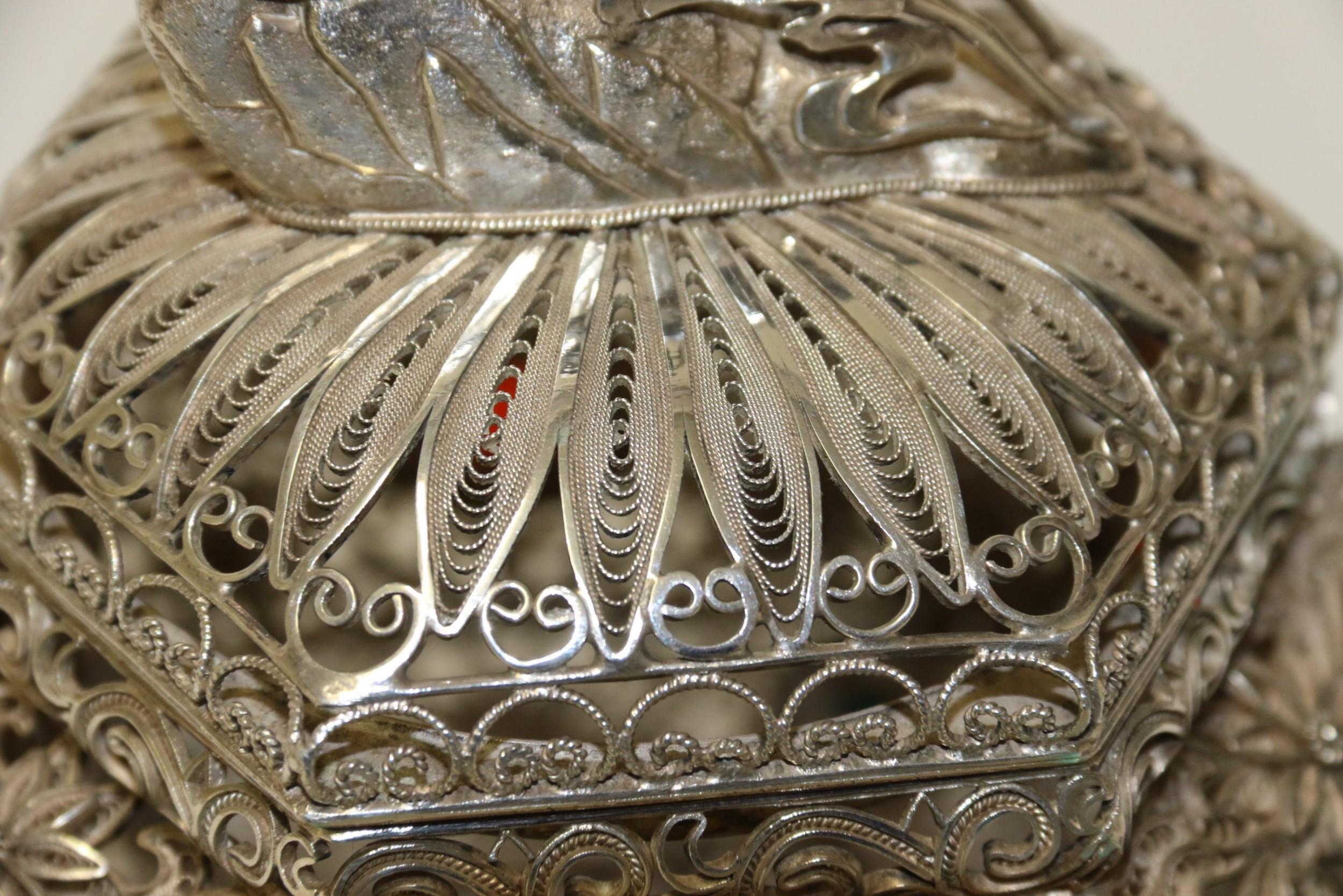 19th Century Indian Silver Filigree Work Incense Burner with Mounted Cabochons For Sale 11