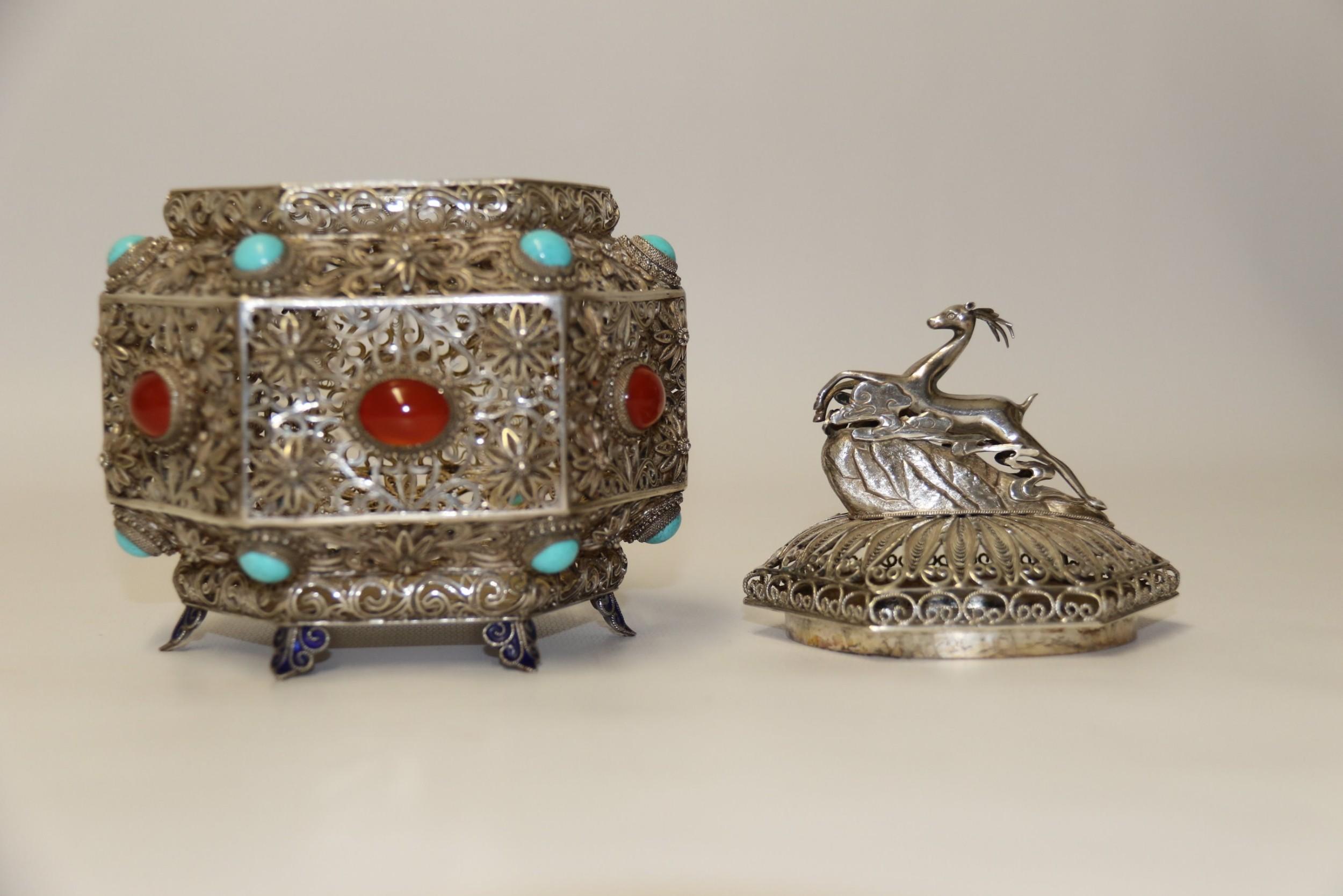19th Century Indian Silver Filigree Work Incense Burner with Mounted Cabochons For Sale 15