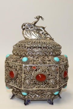 19th Century Indian Silver Filigree Work Incense Burner with Mounted Cabochons
