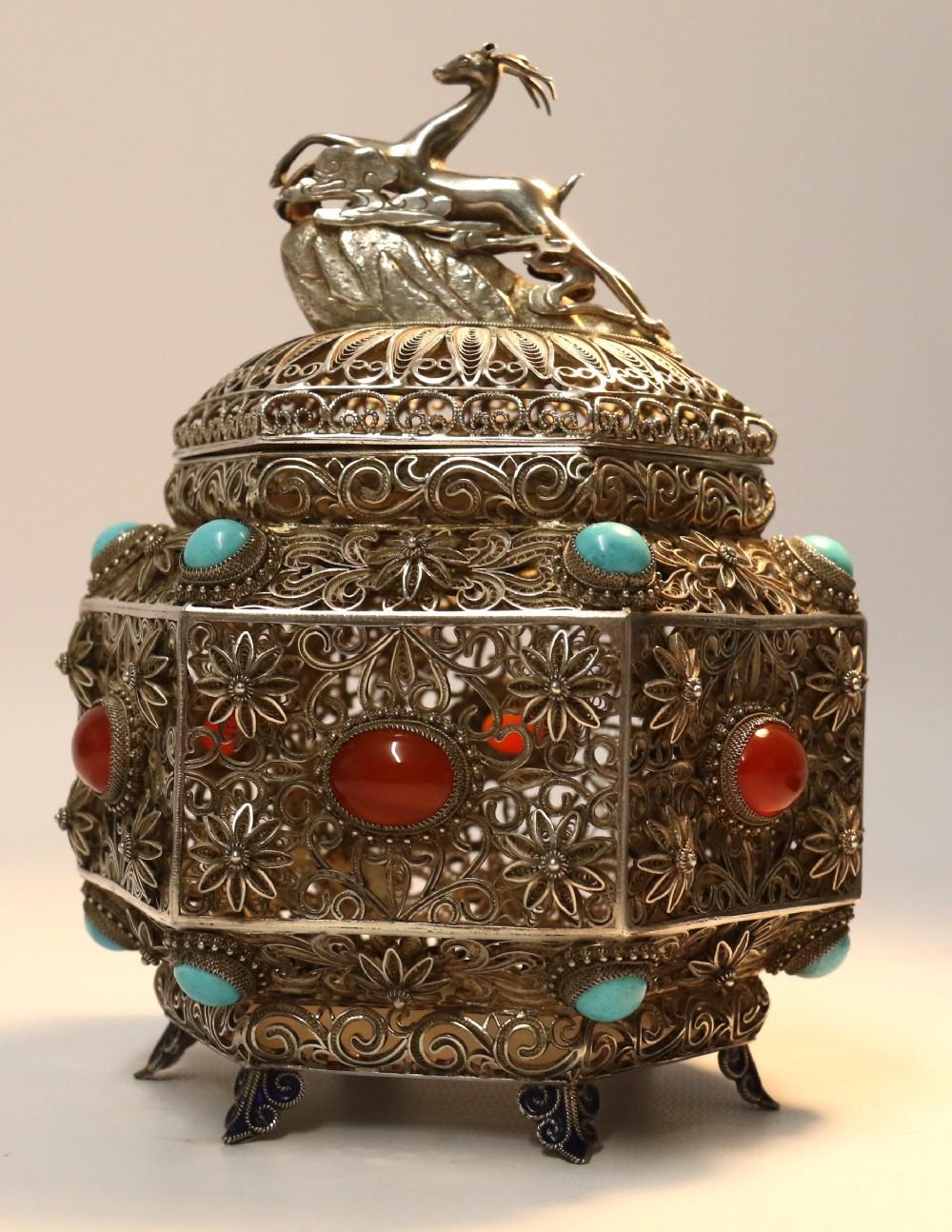Early 20th Century 19th Century Indian Silver Filigree Work Incense Burner with Mounted Cabochons For Sale