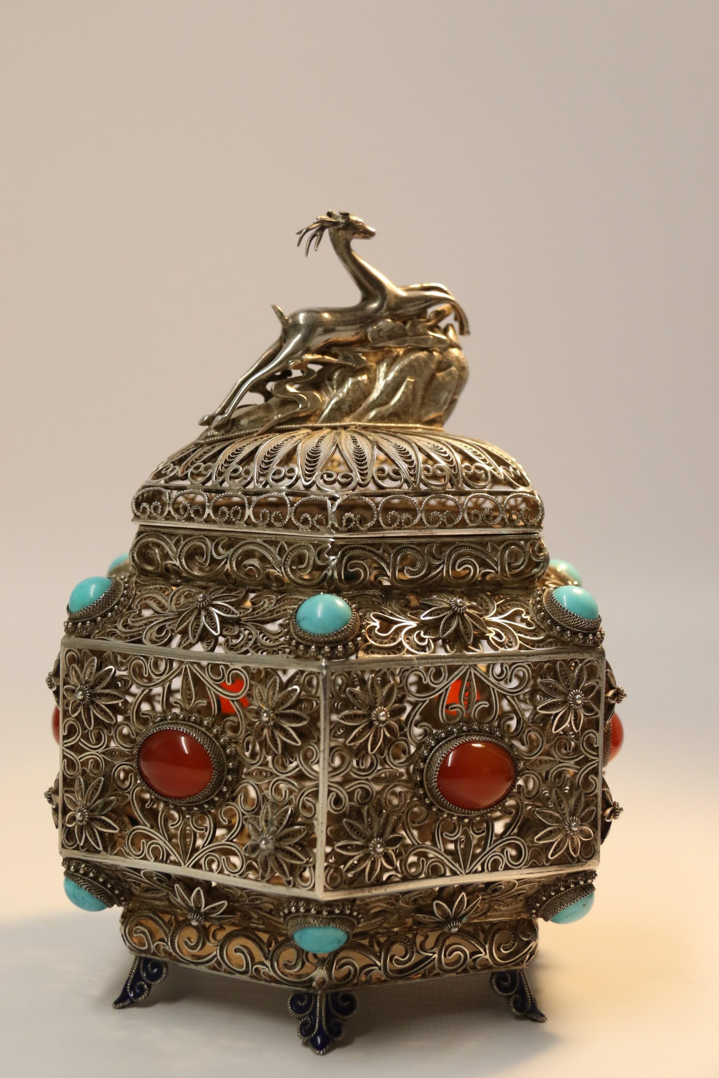 19th Century Indian Silver Filigree Work Incense Burner with Mounted Cabochons For Sale 1
